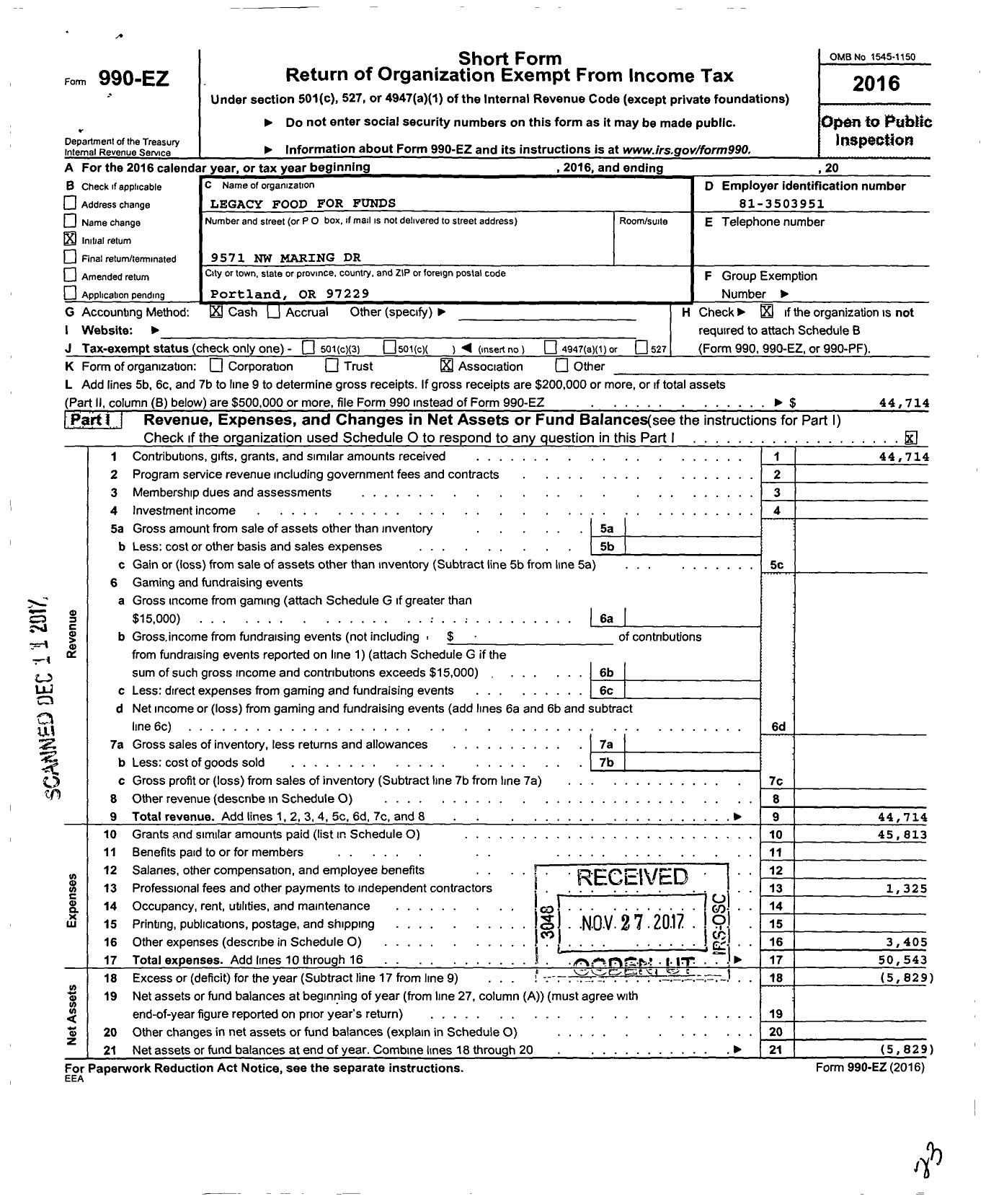 Image of first page of 2016 Form 990EO for Legacy Food for Funds