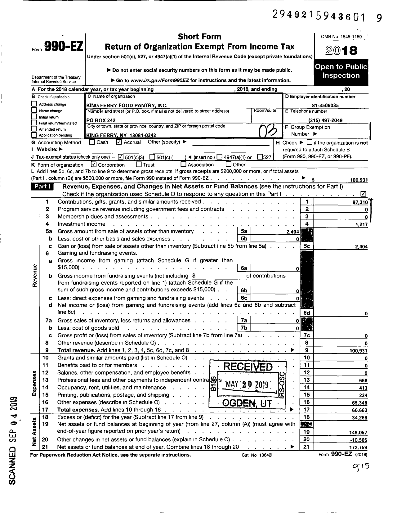 Image of first page of 2018 Form 990EZ for King Ferry Food Pantry