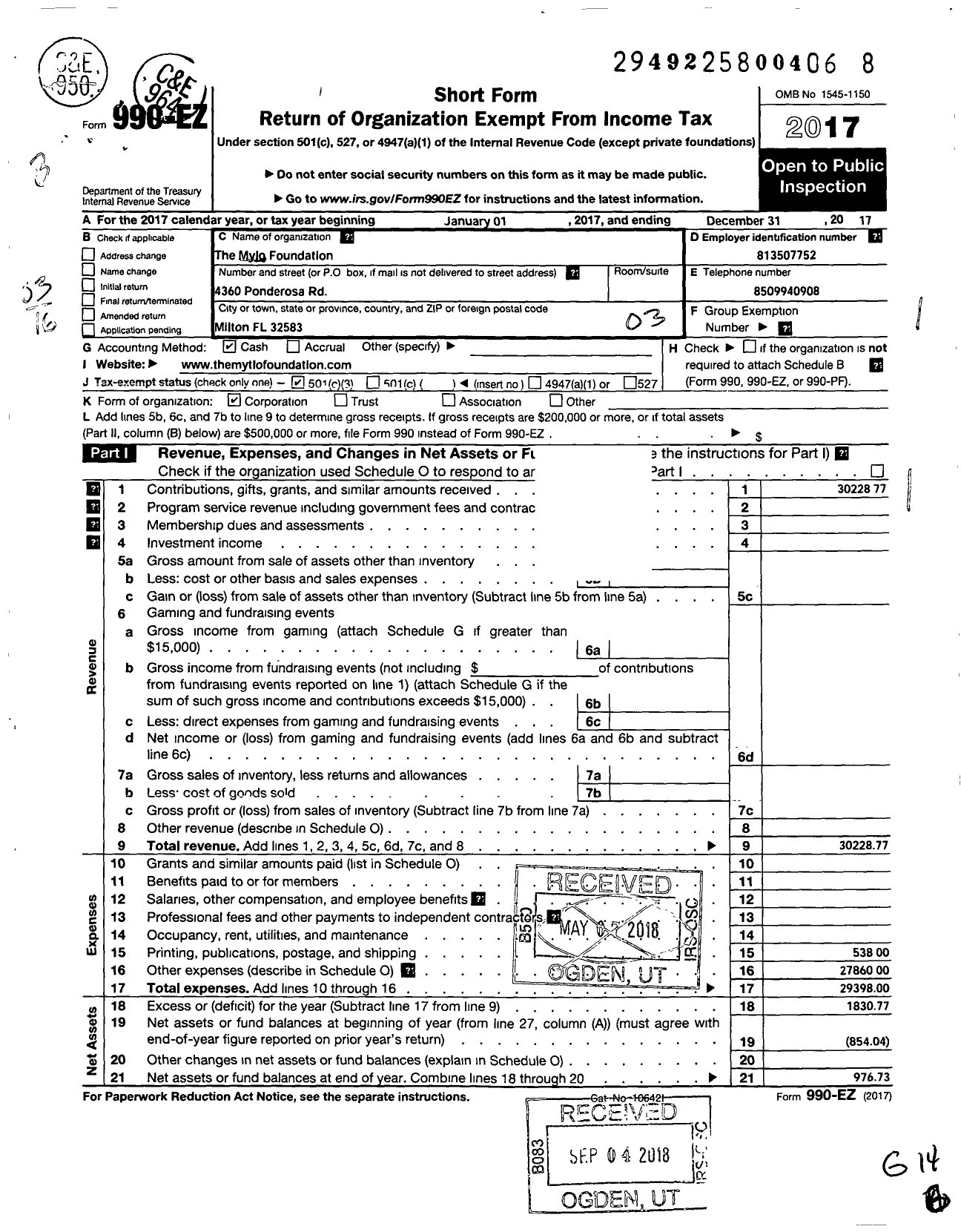 Image of first page of 2017 Form 990EZ for Mylo Foundation