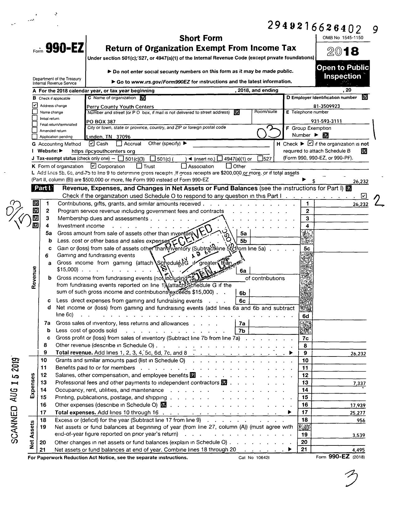 Image of first page of 2018 Form 990EZ for Perry County Youth Centers