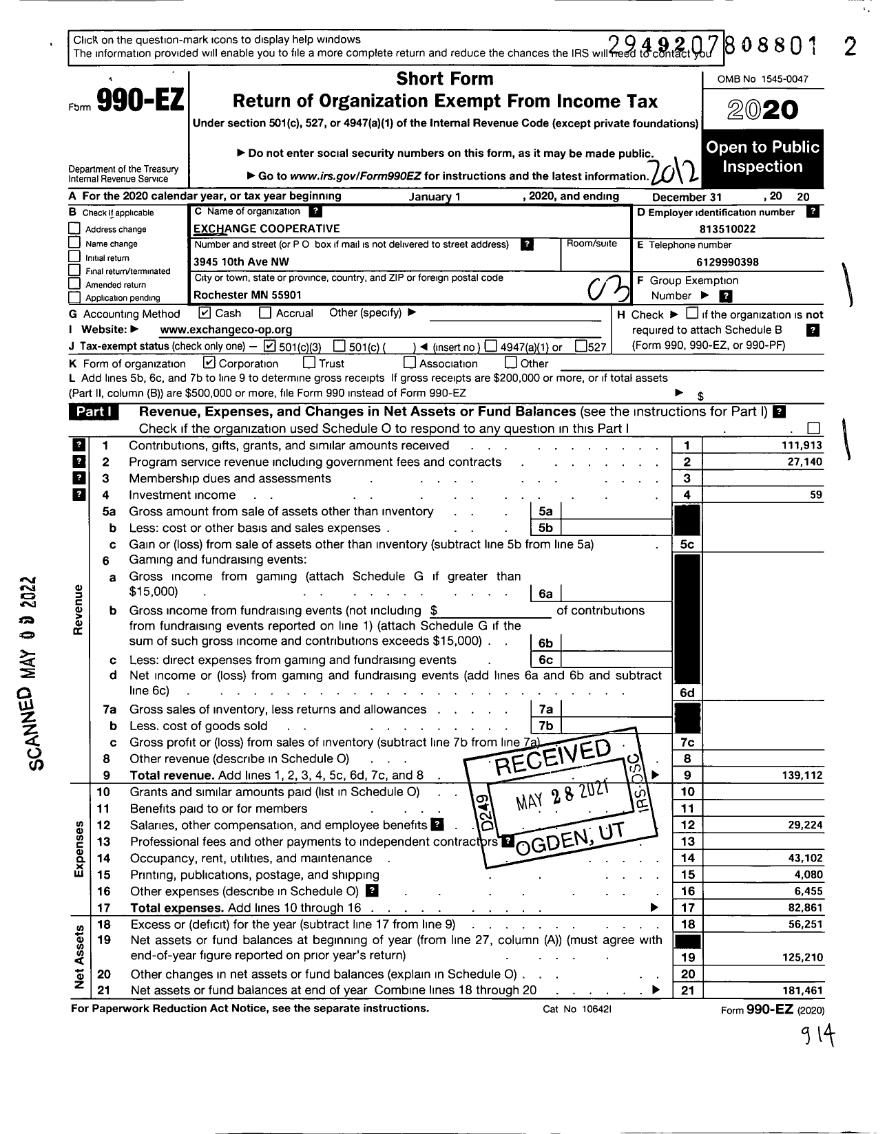 Image of first page of 2020 Form 990EZ for Exchange Cooperative