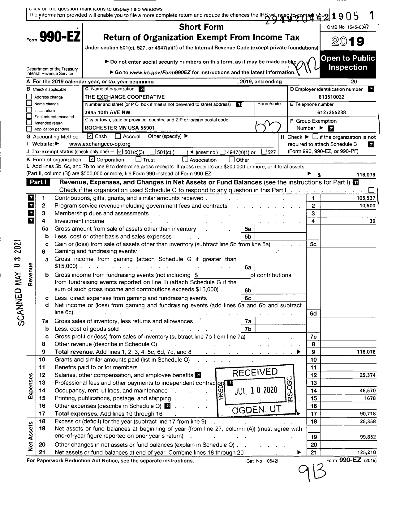 Image of first page of 2019 Form 990EZ for Exchange Cooperative