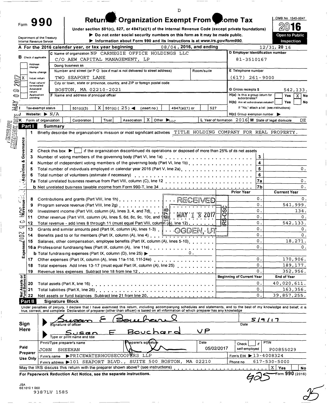 Image of first page of 2016 Form 990O for NP Carnegie Office Holdings LLC