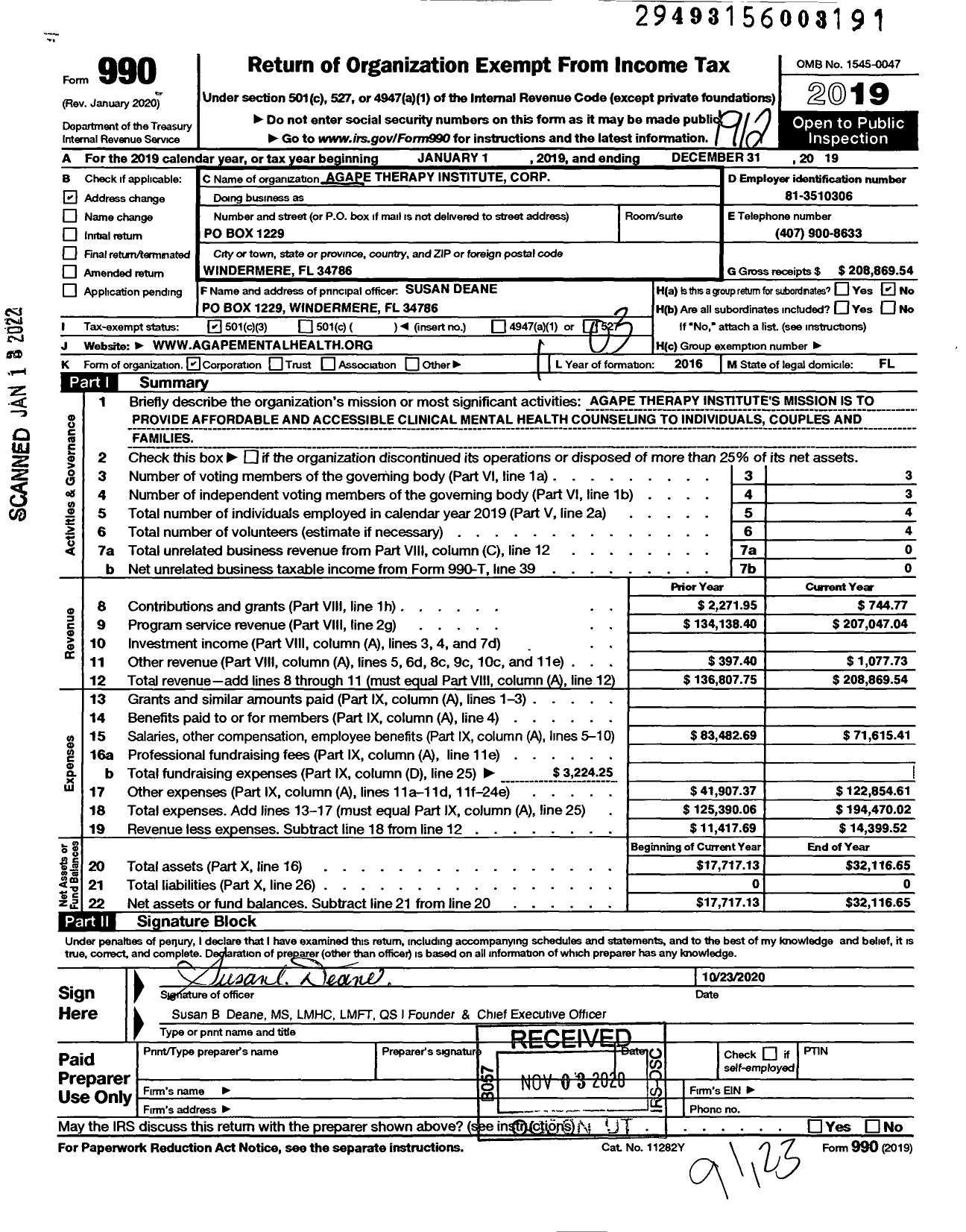 Image of first page of 2019 Form 990 for Agape Therapy Institute Corporation