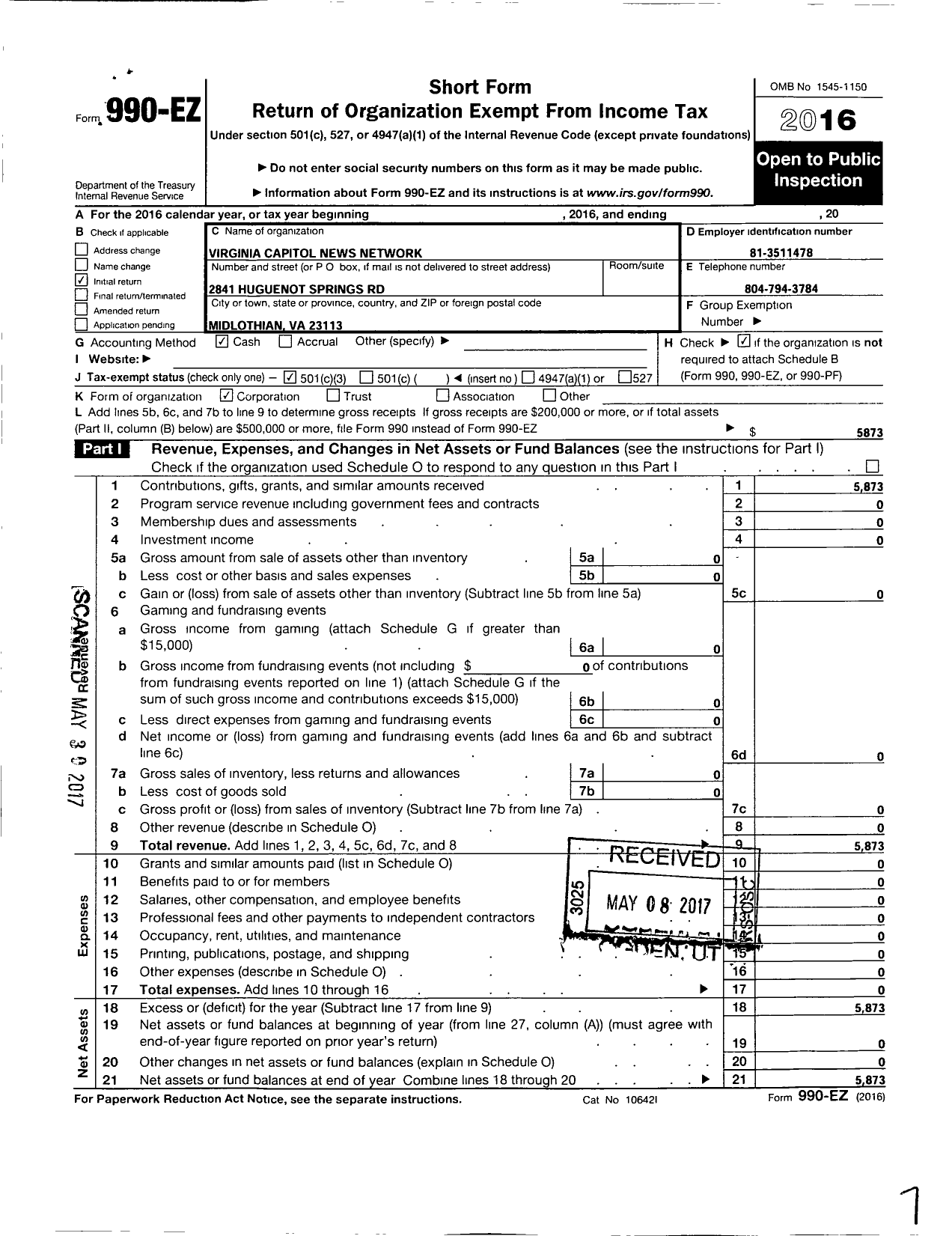 Image of first page of 2016 Form 990EZ for Virginia Capitol News Network