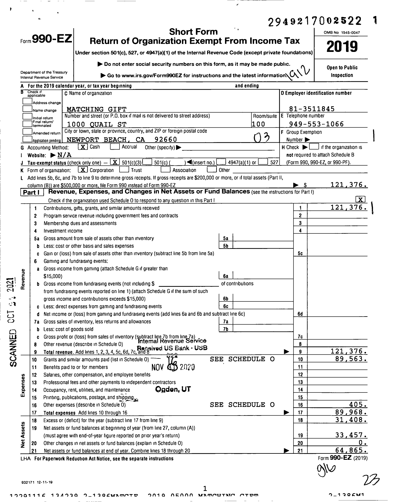 Image of first page of 2019 Form 990EZ for Matching Gift