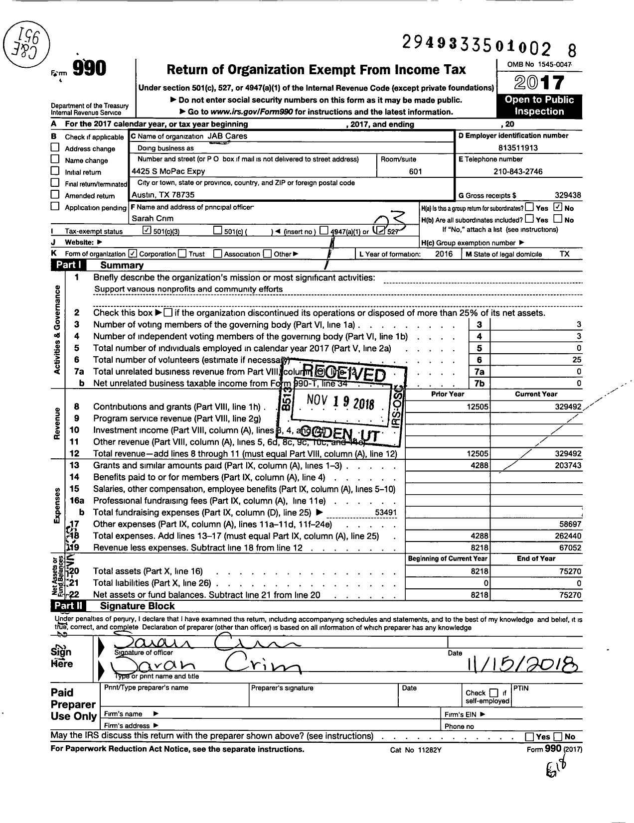 Image of first page of 2017 Form 990 for Jab Cares