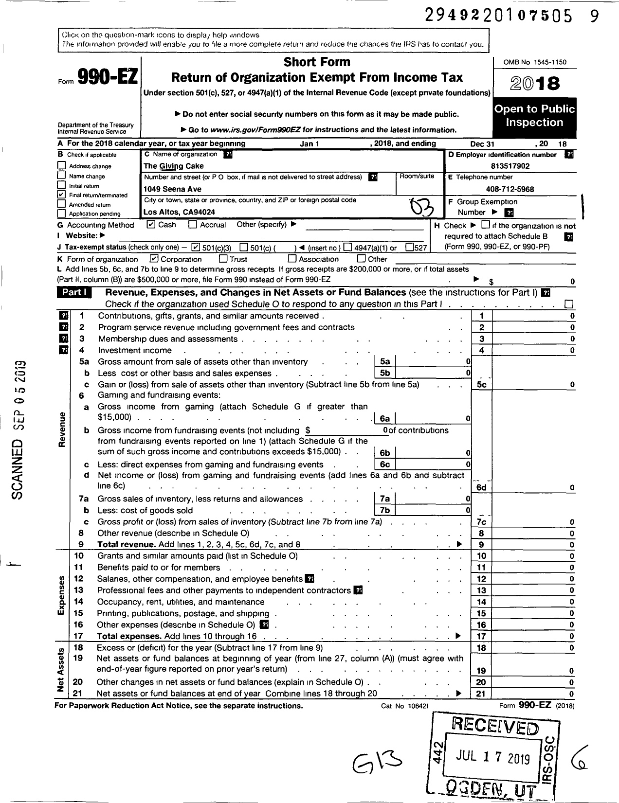 Image of first page of 2018 Form 990EZ for Giving Cake