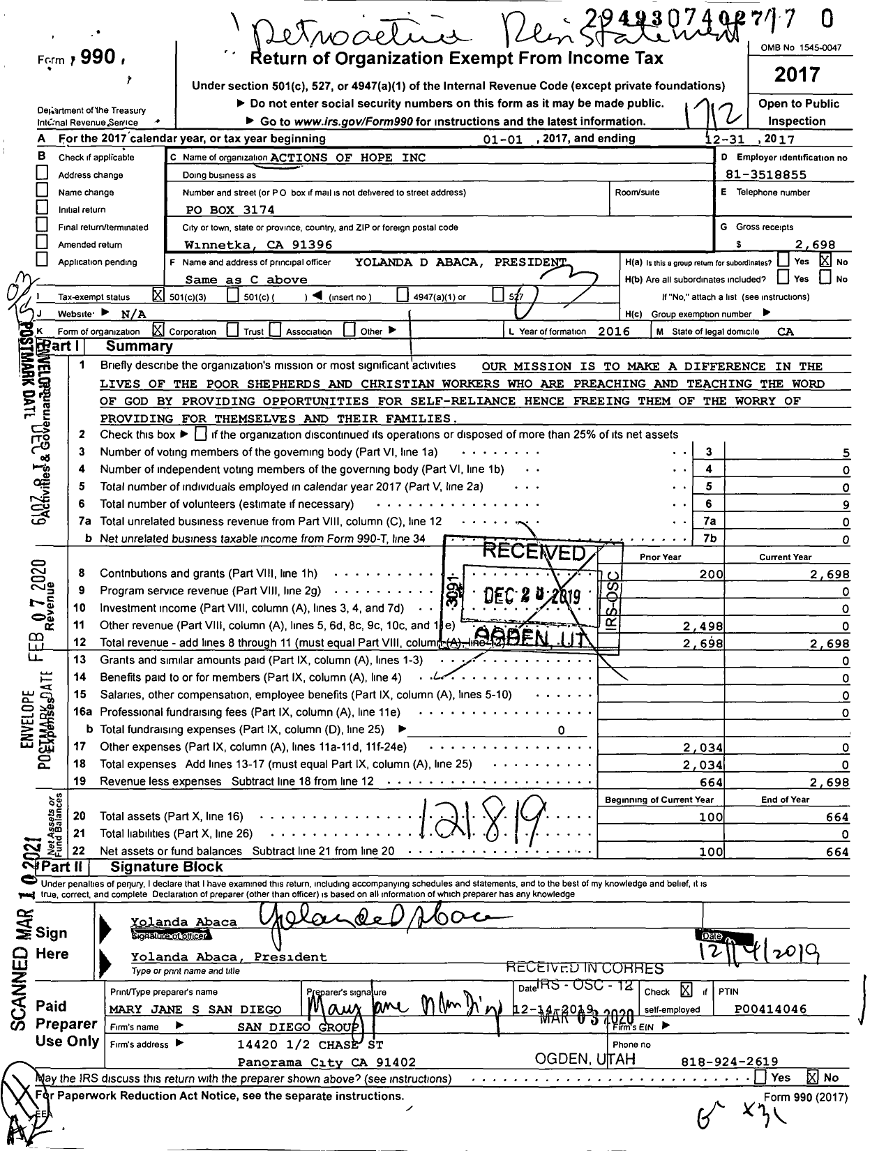 Image of first page of 2017 Form 990 for Actions of Hope