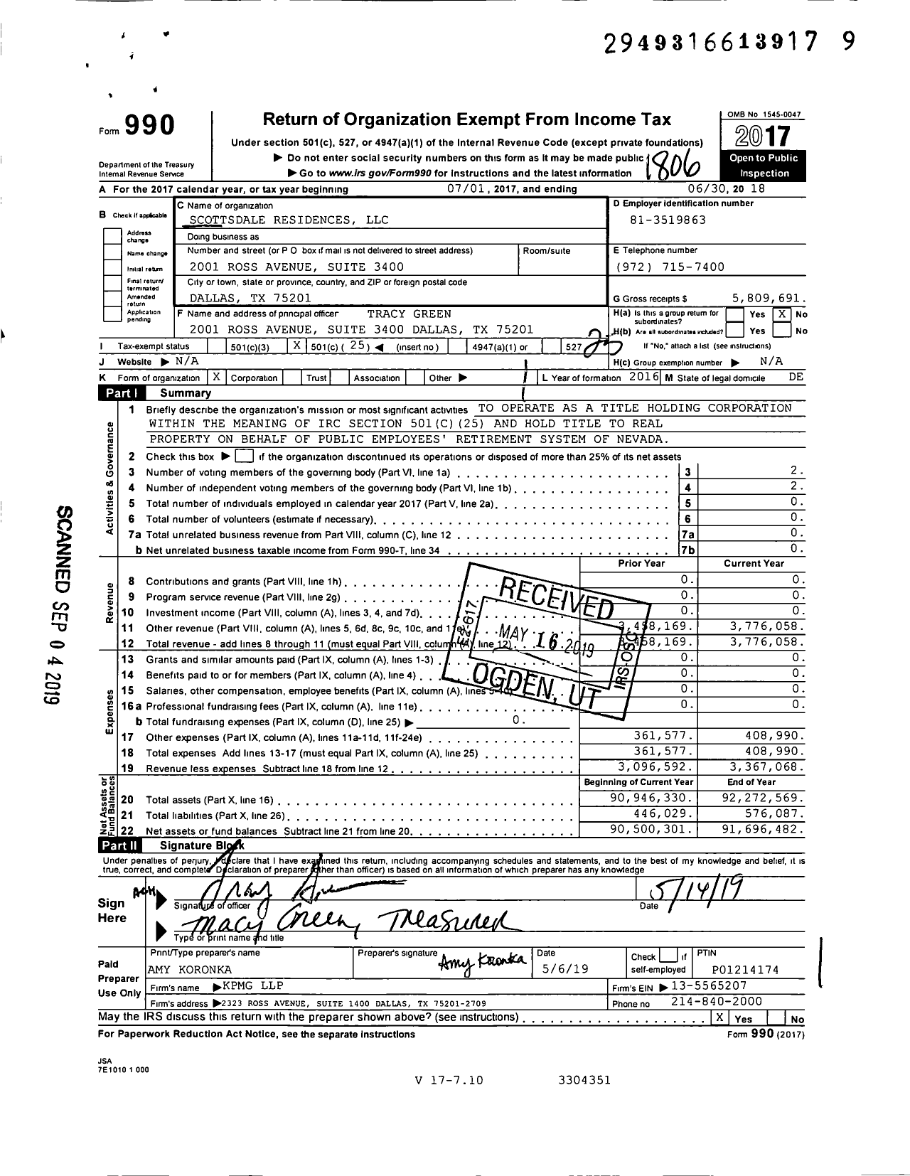 Image of first page of 2017 Form 990O for Scottsdale Residences LLC