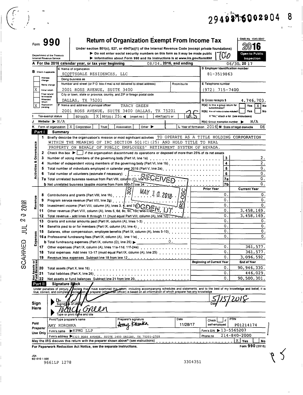 Image of first page of 2016 Form 990O for Scottsdale Residences LLC