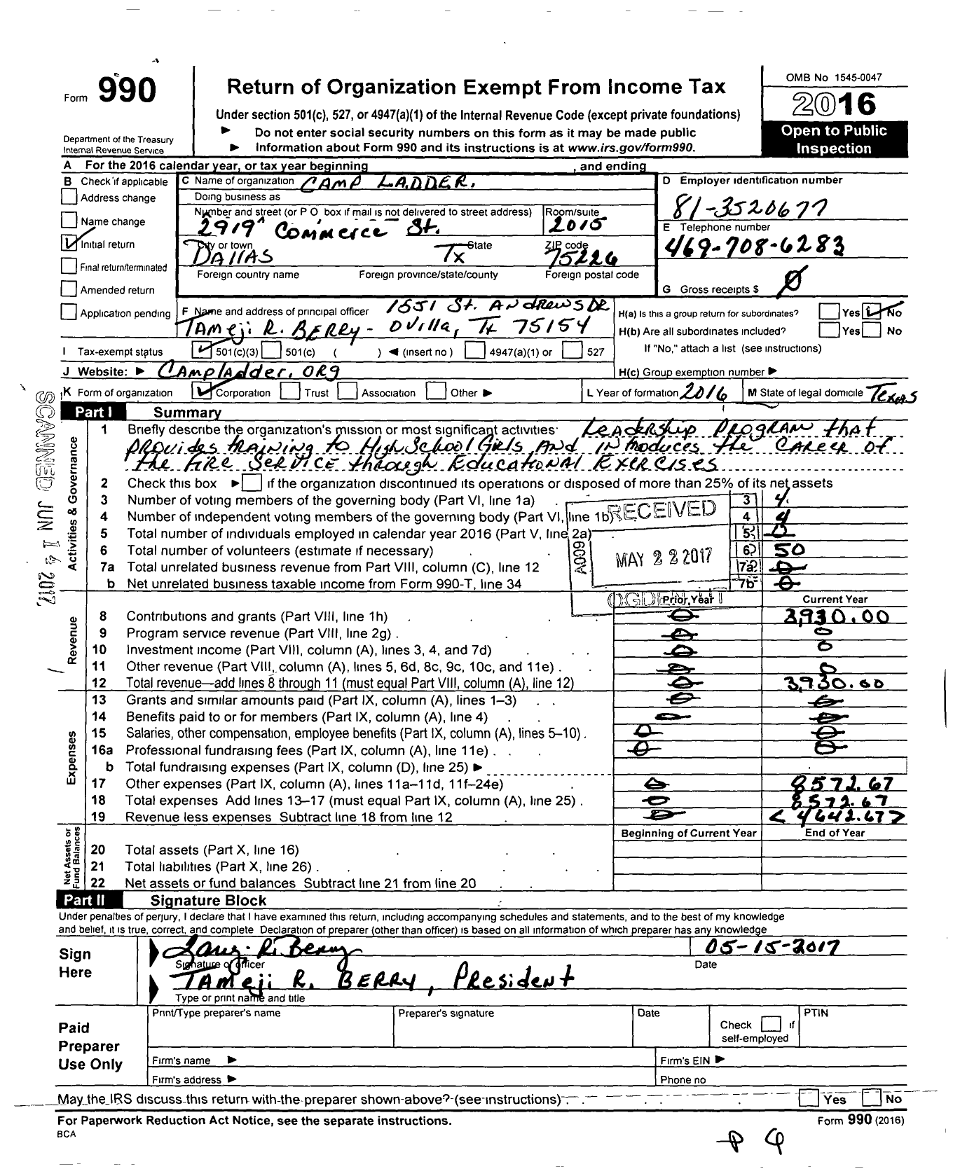 Image of first page of 2016 Form 990 for Camp LADDER Ladies Achieving Dreams with Dedication Enthusiasm and Respect