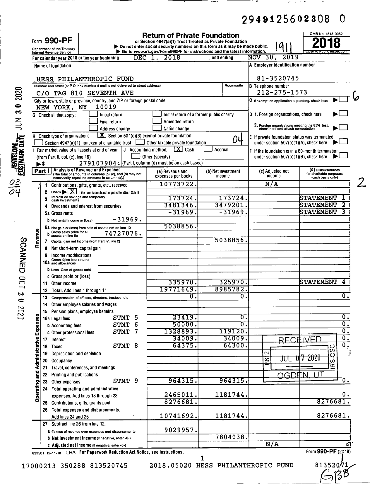 Image of first page of 2018 Form 990PR for Hess Philanthropic Fund