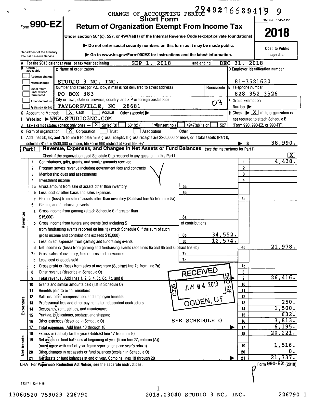 Image of first page of 2018 Form 990EZ for Studio 3 NC