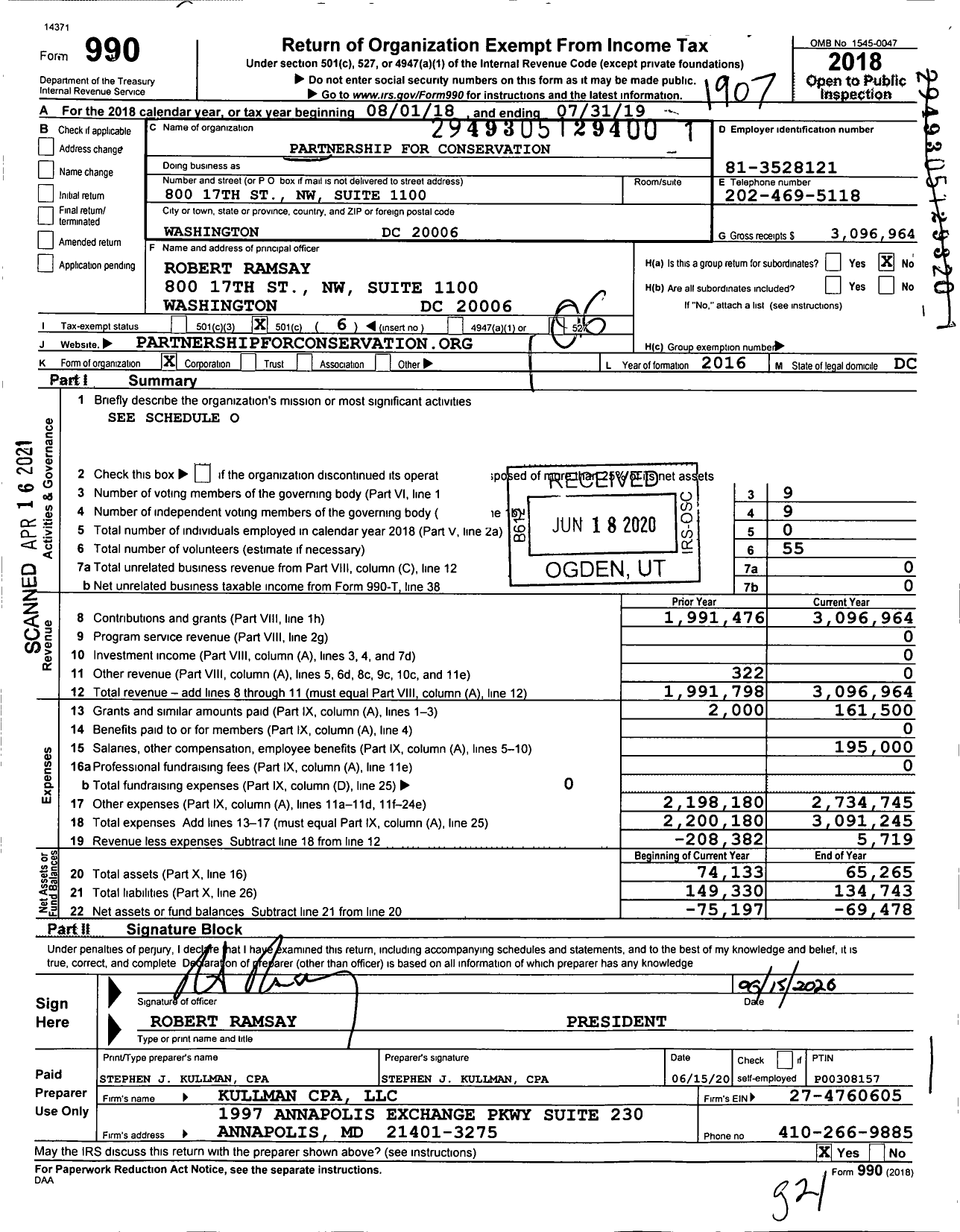 Image of first page of 2018 Form 990O for Partnership for Conservation