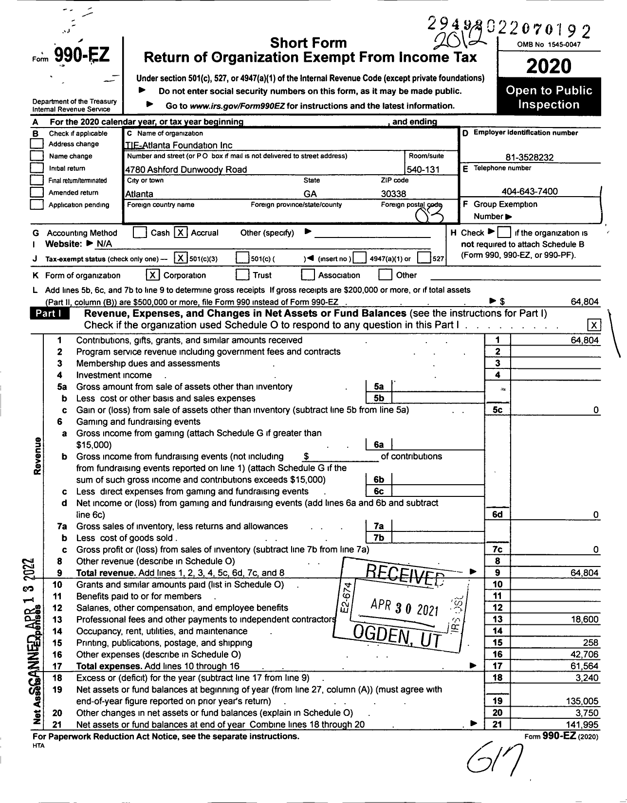 Image of first page of 2020 Form 990EZ for TIE-Atlanta Foundation