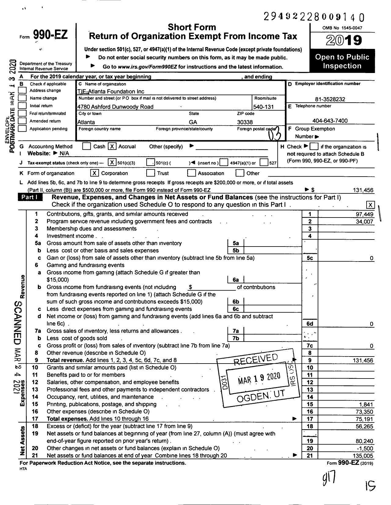 Image of first page of 2019 Form 990EZ for TIE-Atlanta Foundation