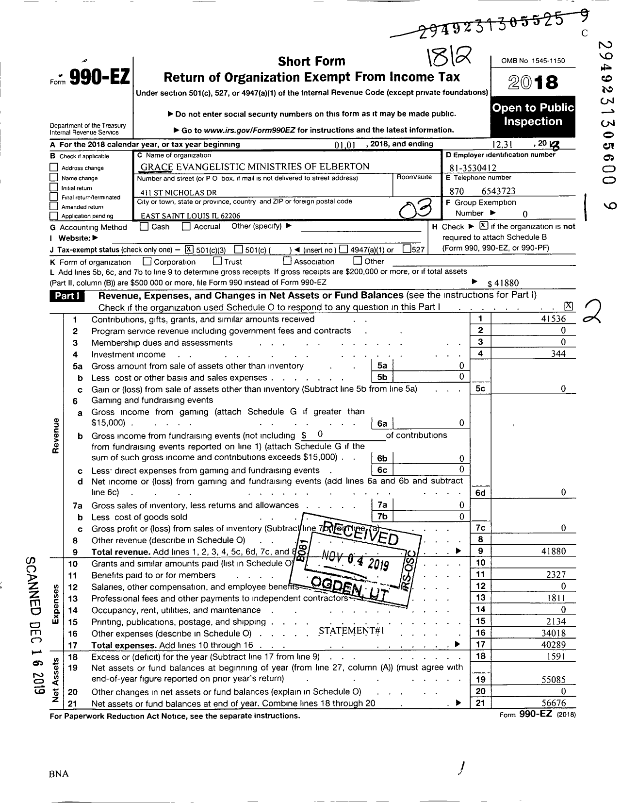 Image of first page of 2018 Form 990EZ for Grace Evangelistic Ministries of Elberton