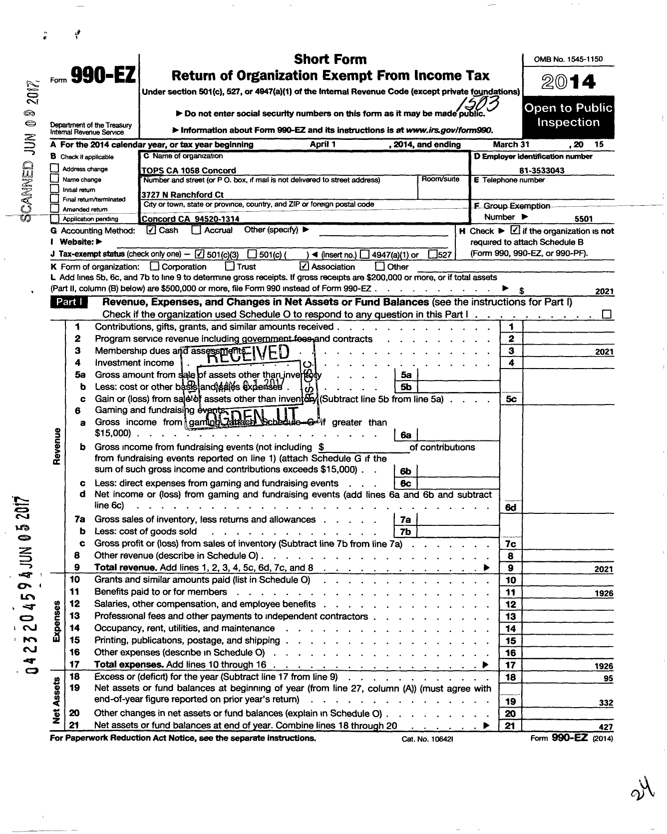 Image of first page of 2014 Form 990EZ for Tops Club