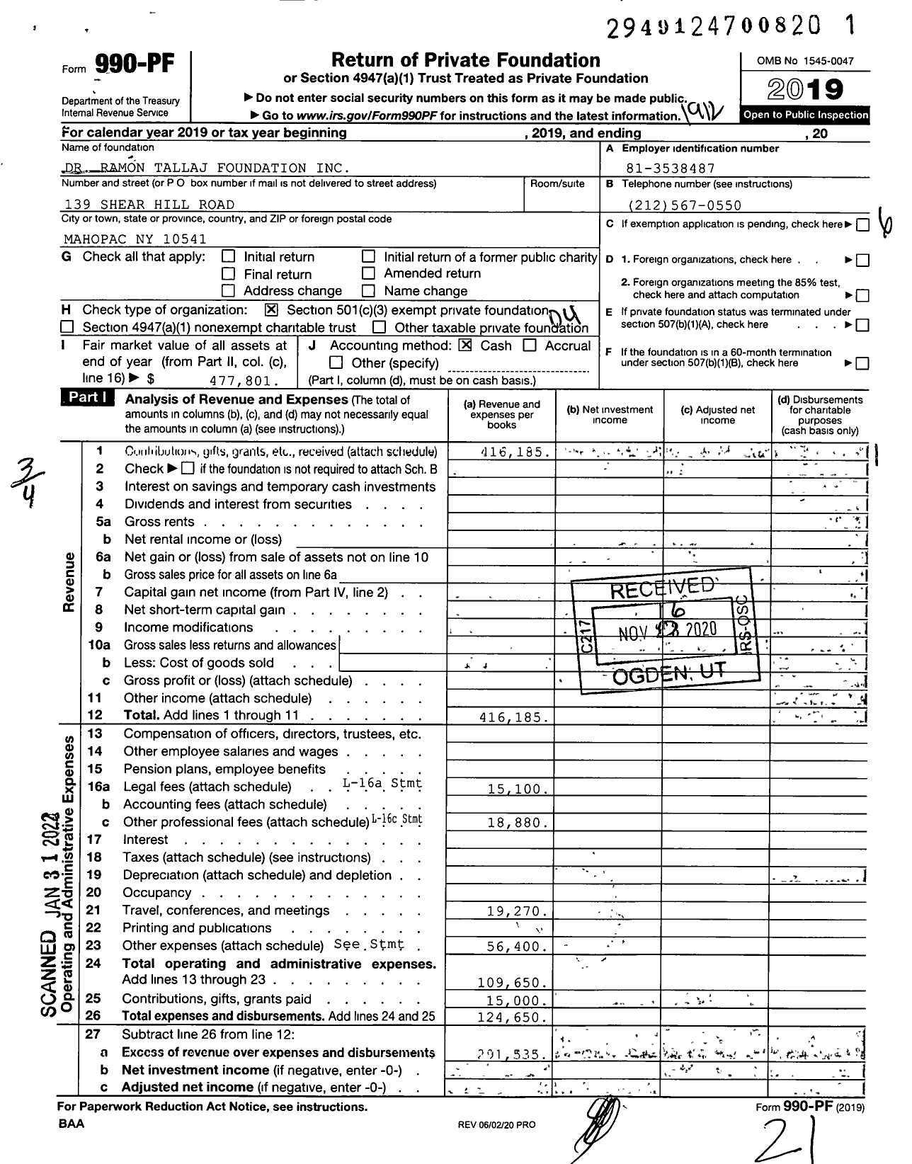 Image of first page of 2019 Form 990PF for Dr Ramon Tallaj Foundation