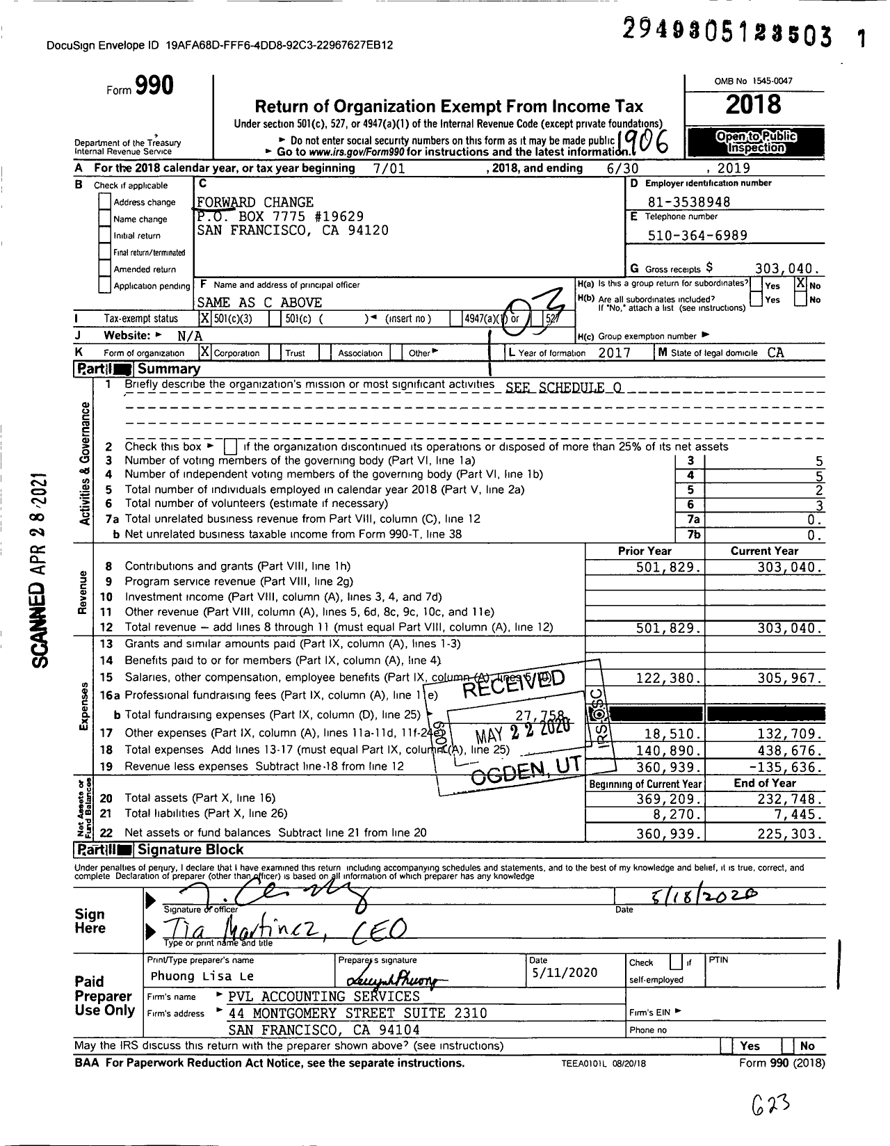 Image of first page of 2018 Form 990 for Forward Change