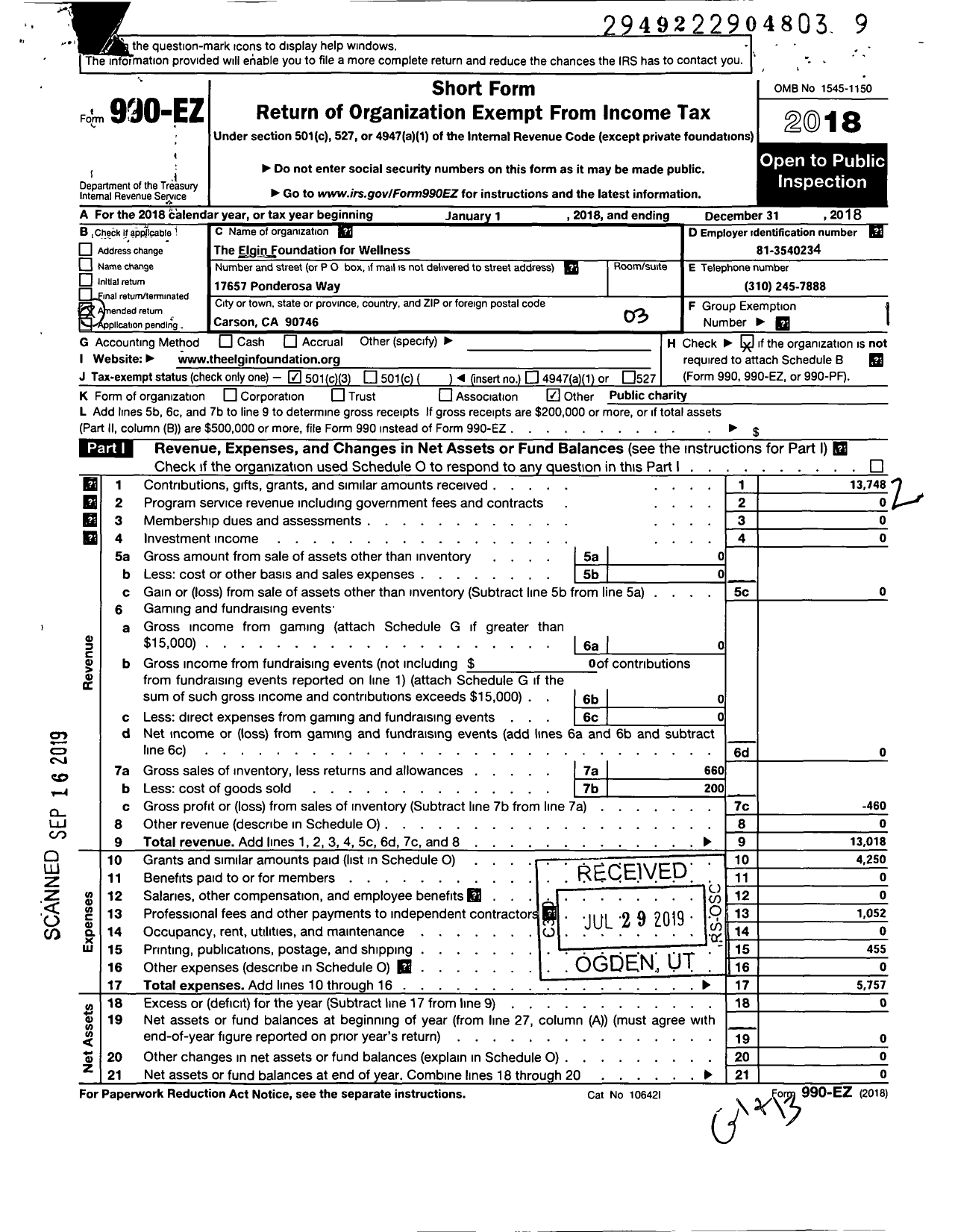 Image of first page of 2018 Form 990EZ for Elgin Foundation for Wellness