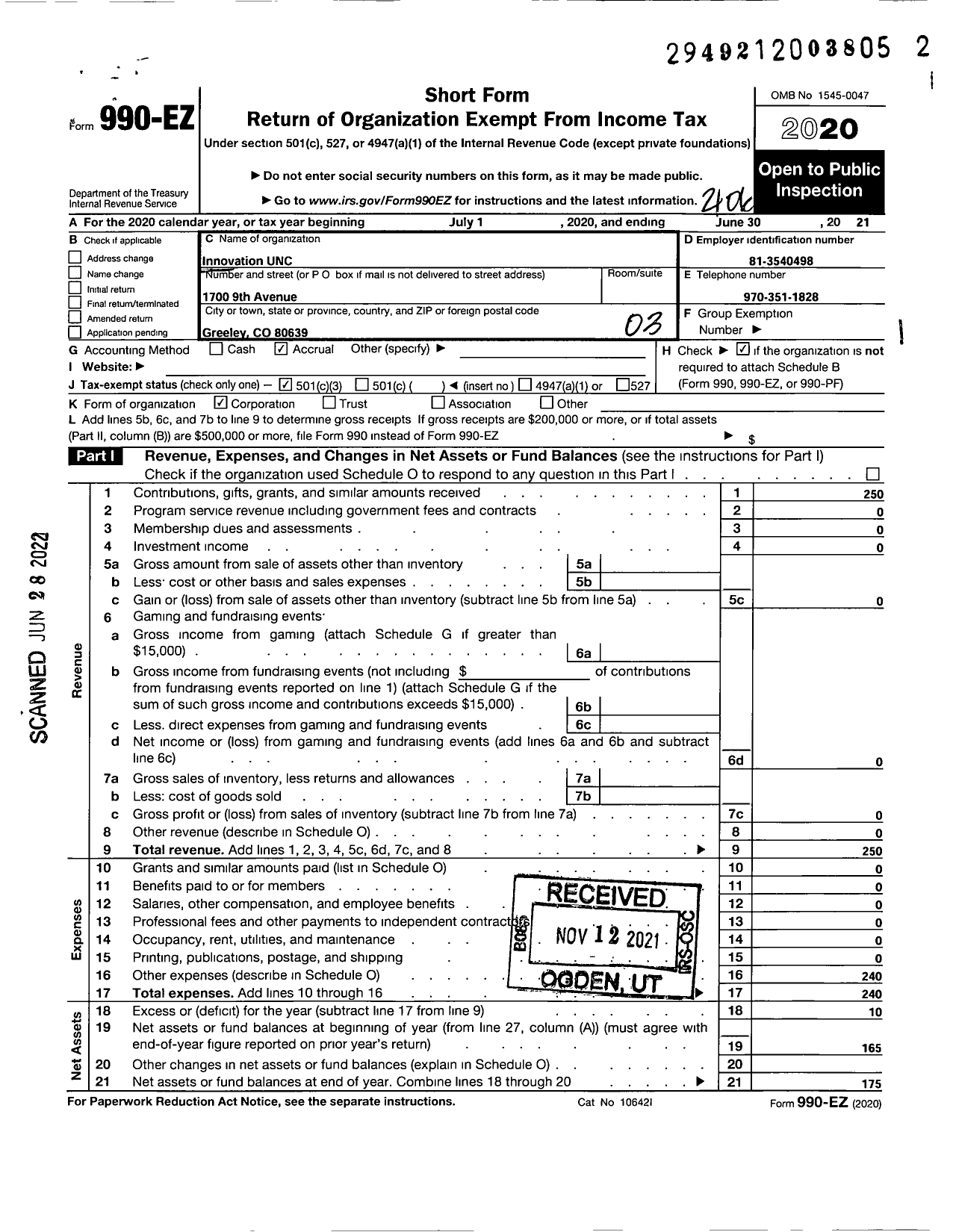 Image of first page of 2020 Form 990EZ for Innovation Unc