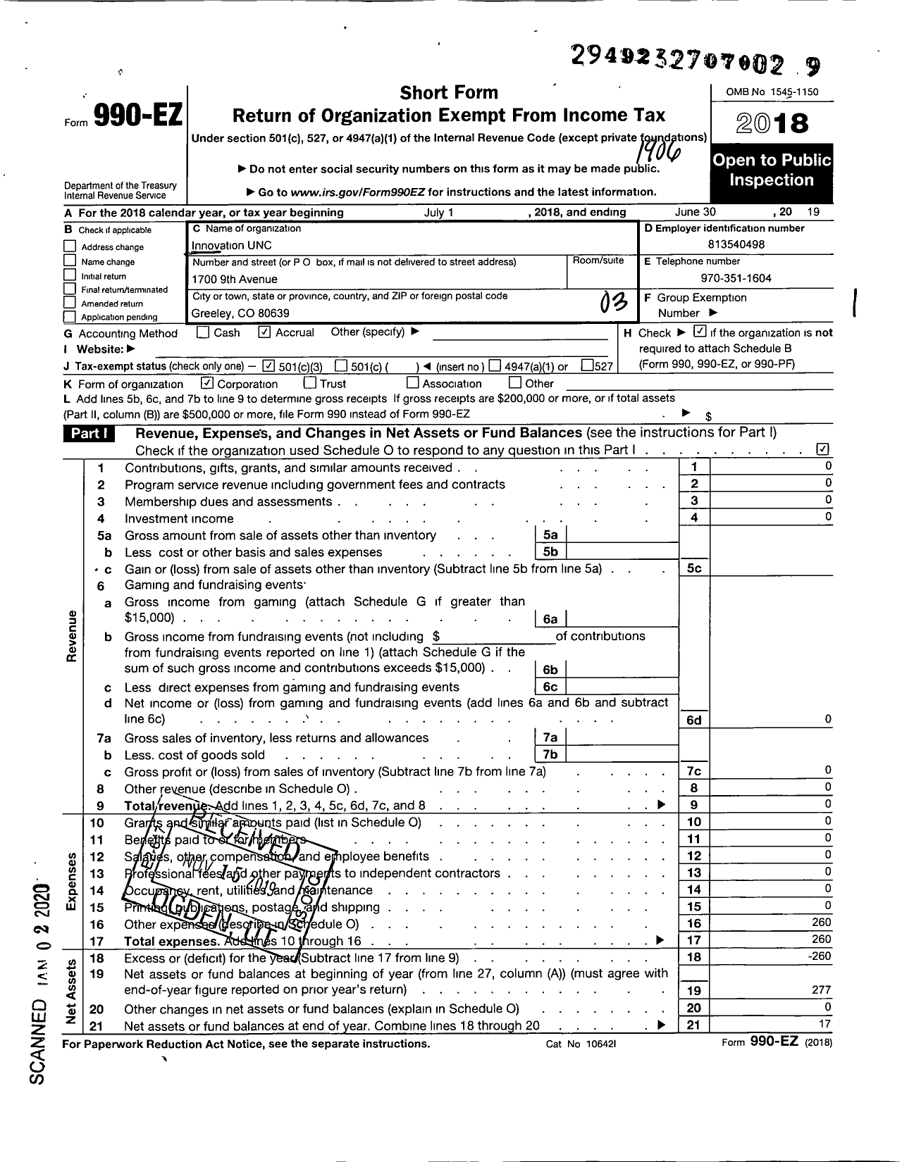 Image of first page of 2018 Form 990EZ for Innovation Unc