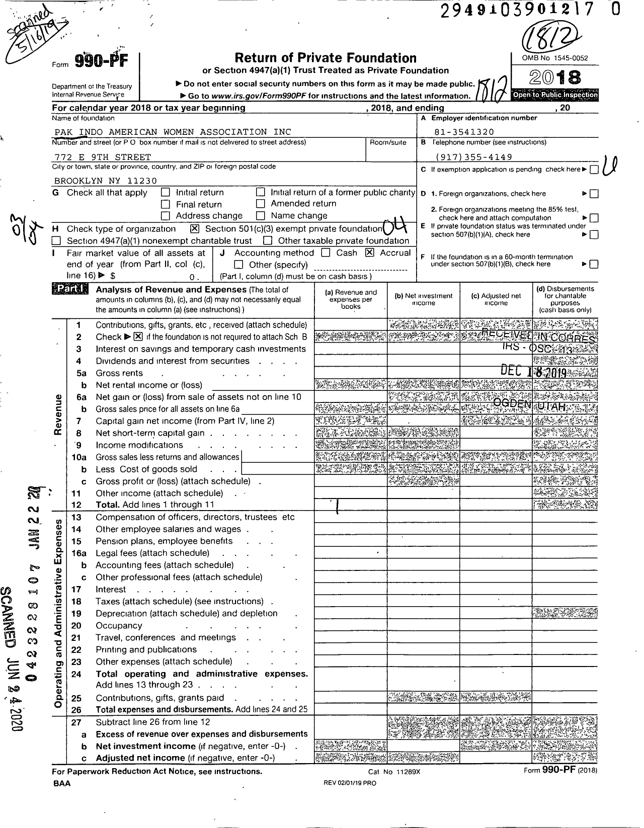 Image of first page of 2018 Form 990PR for Pak Indo American Women Association
