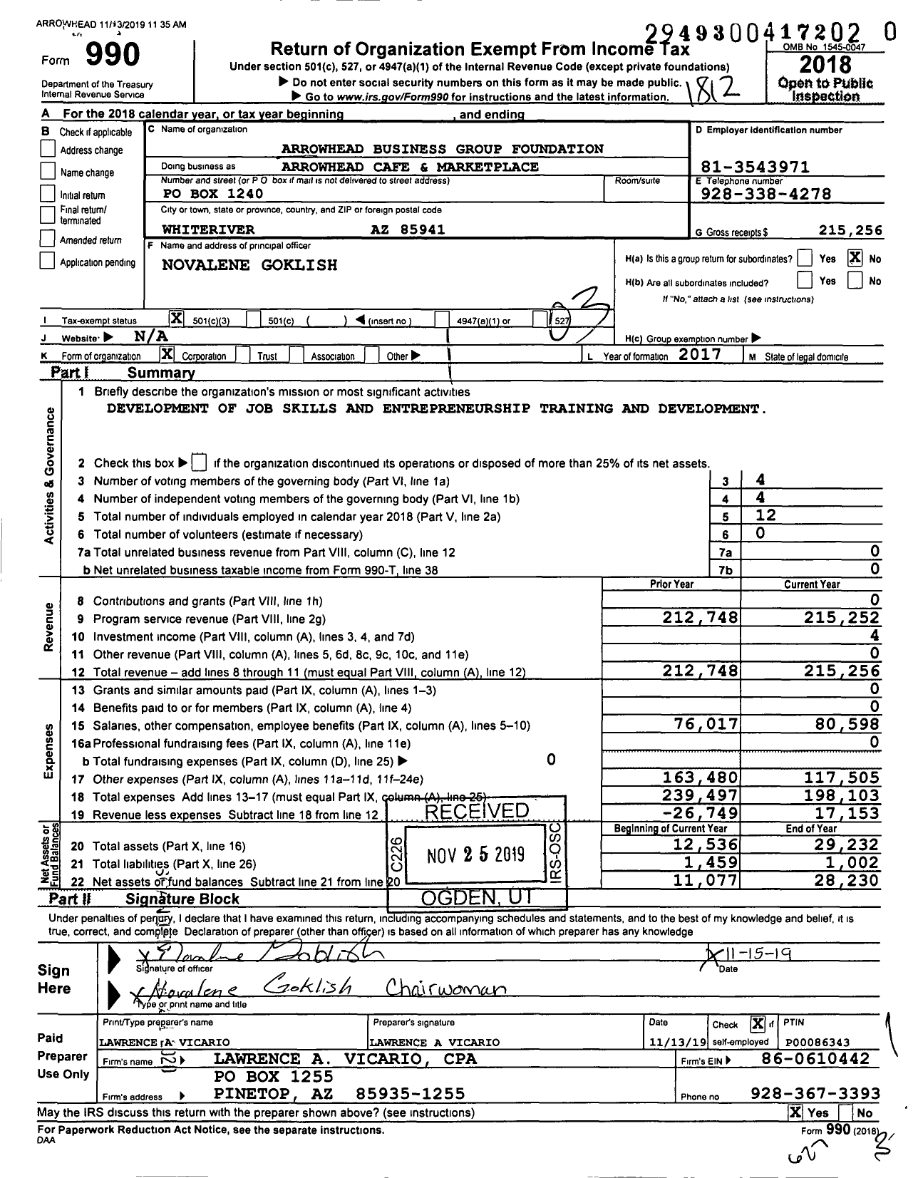 Image of first page of 2018 Form 990 for Arrowhead Cafe and Marketplace