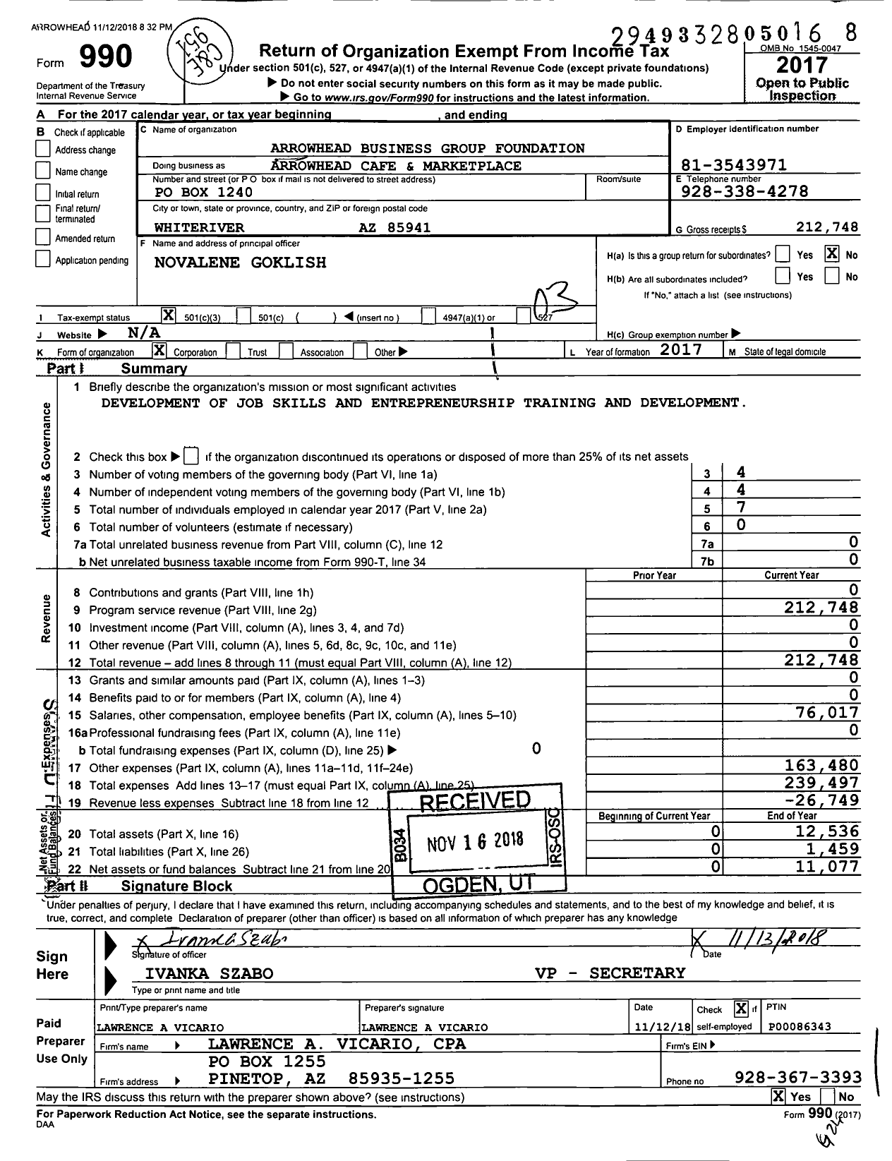 Image of first page of 2017 Form 990 for Arrowhead Cafe and Marketplace