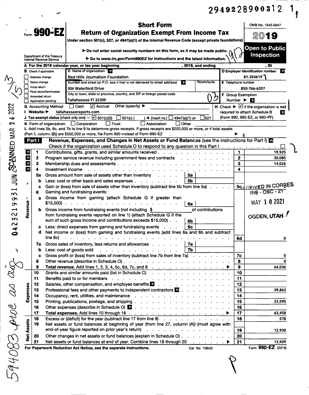 Image of first page of 2019 Form 990EZ for Red Hills Journalism Foundation