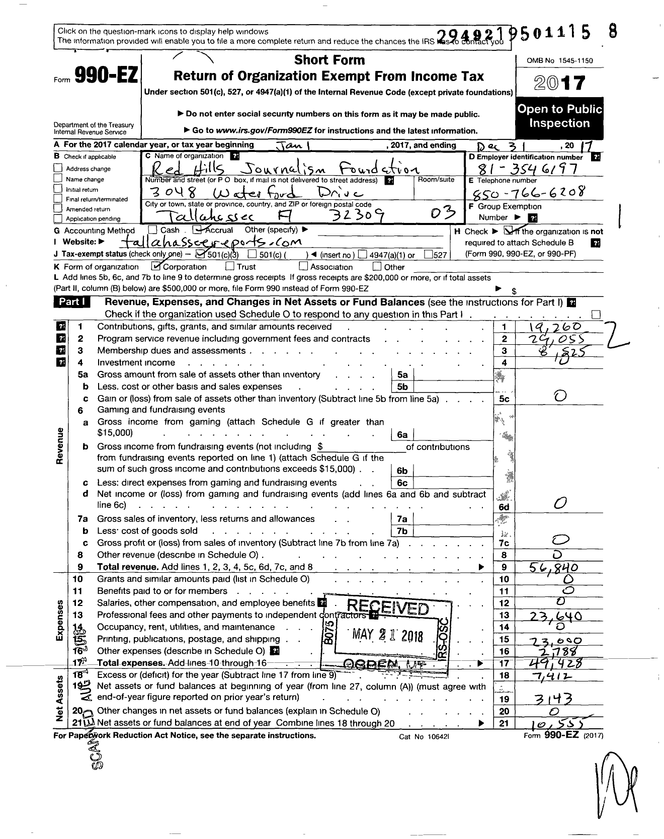 Image of first page of 2017 Form 990EZ for Red Hills Journalism Foundation