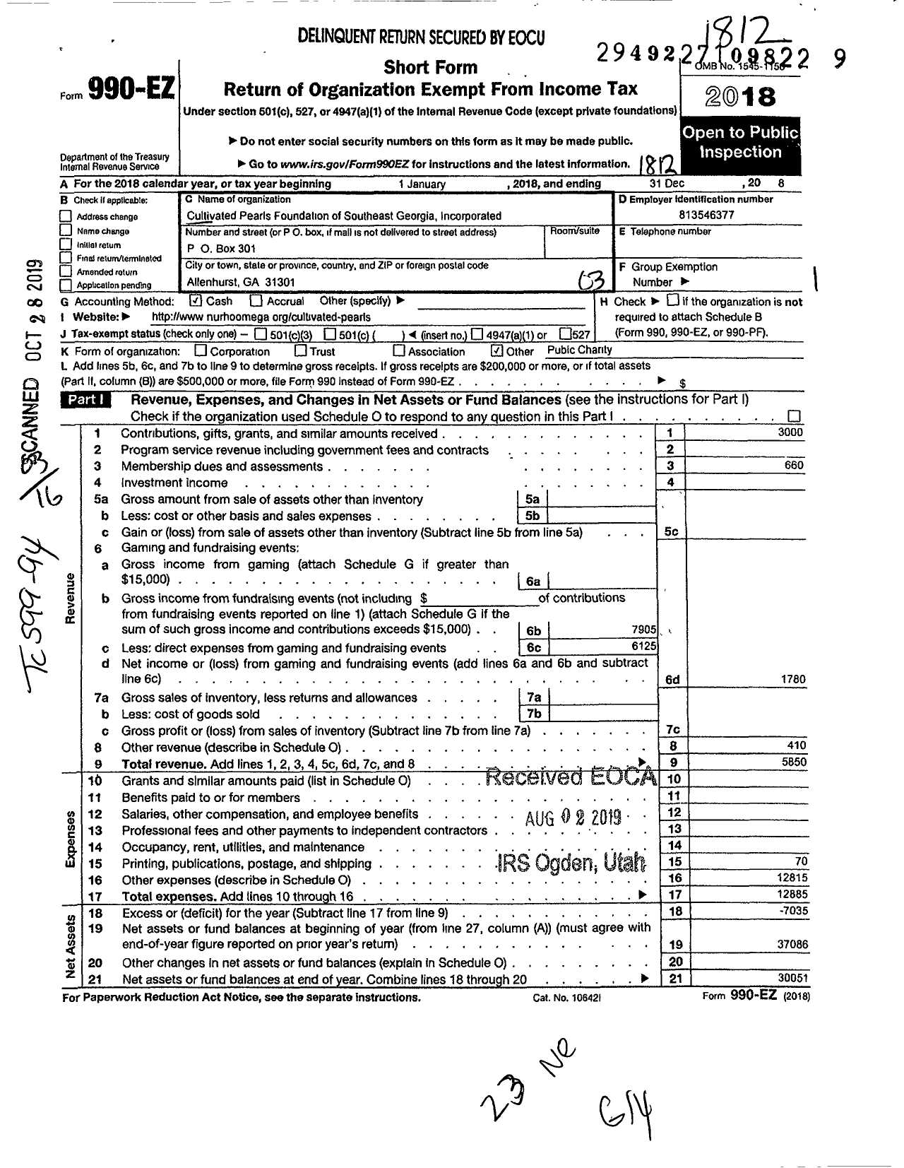 Image of first page of 2018 Form 990EZ for Cultivated Pearls Foundation of Southeast Georgia Incorporated