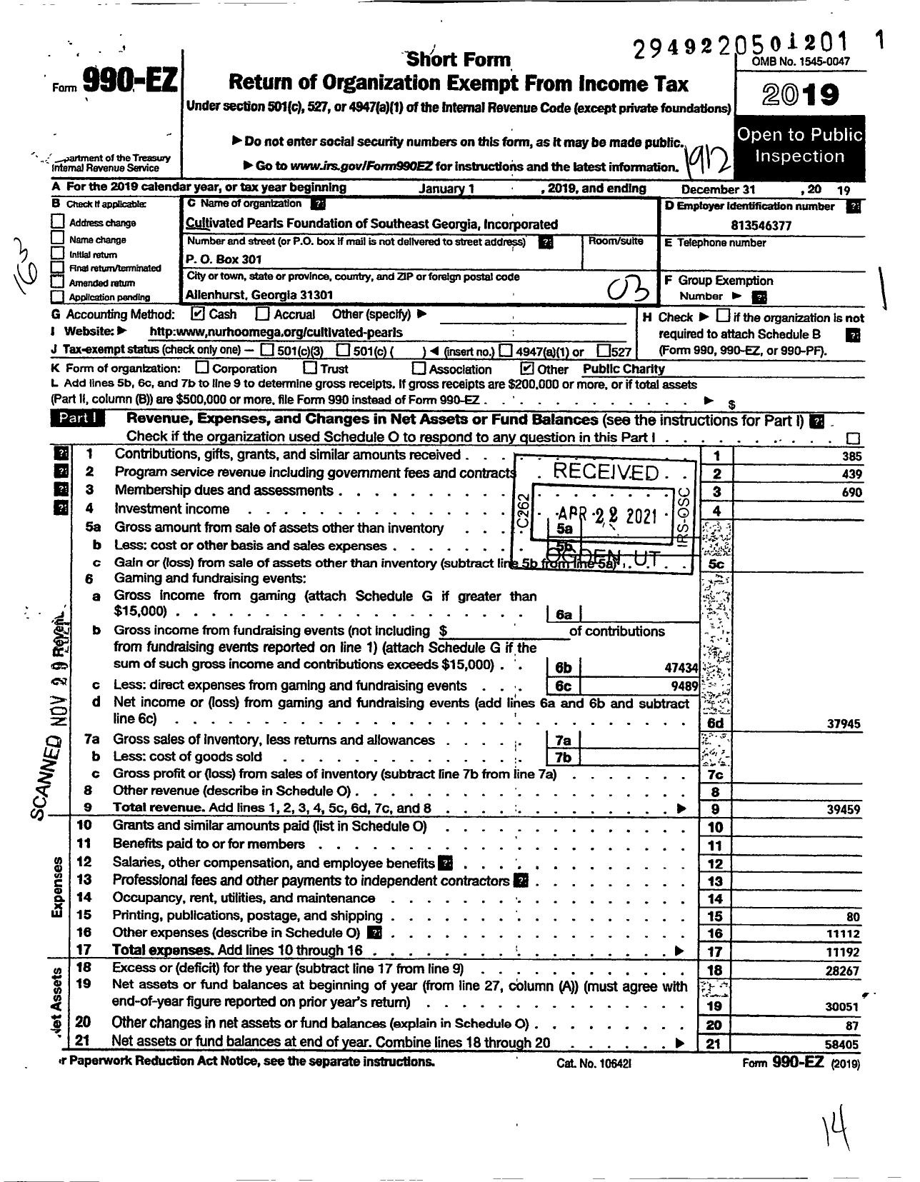 Image of first page of 2019 Form 990EZ for Cultivated Pearls Foundation of Southeast Georgia Incorporated