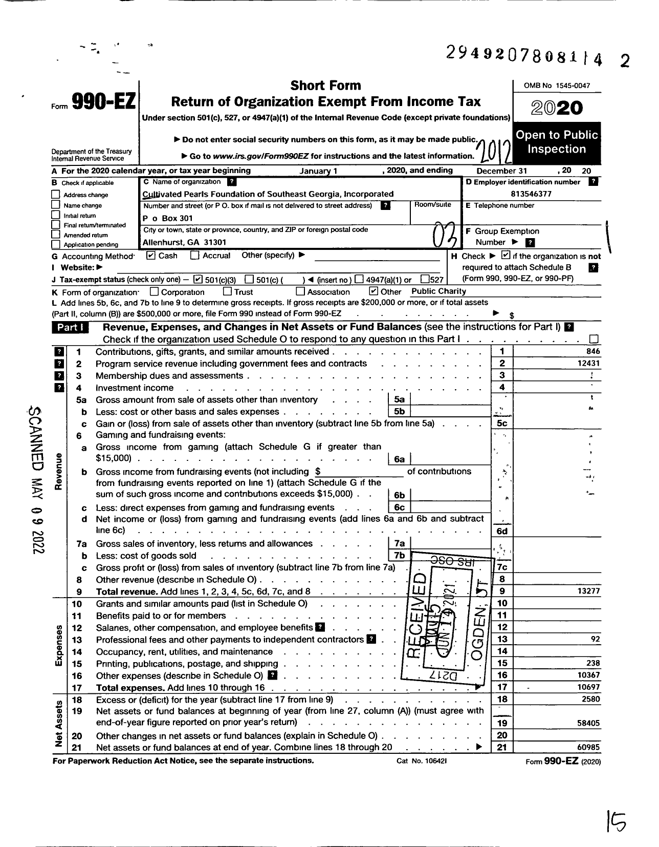 Image of first page of 2020 Form 990EZ for Cultivated Pearls Foundation of Southeast Georgia Incorporated