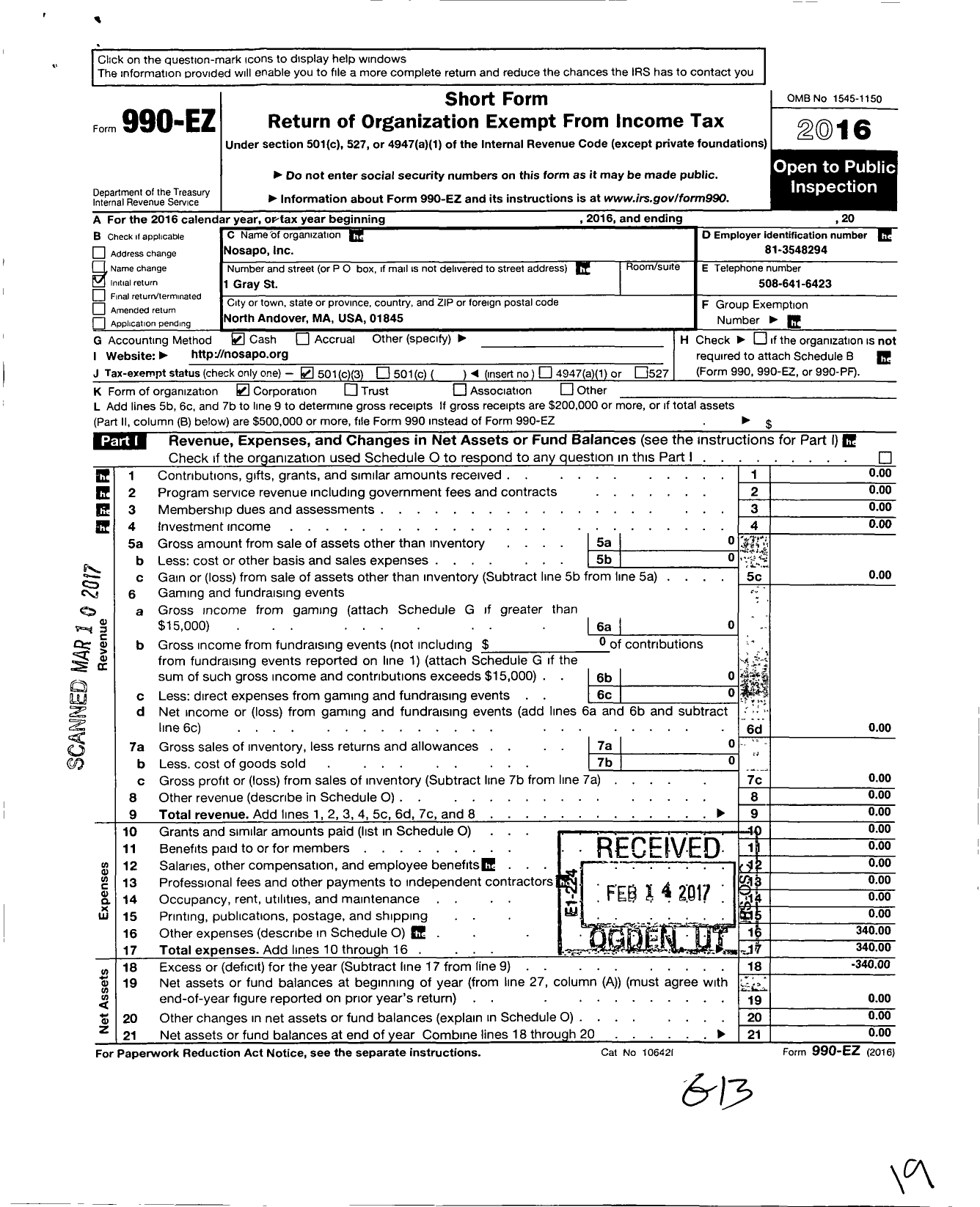 Image of first page of 2016 Form 990EZ for NosApo