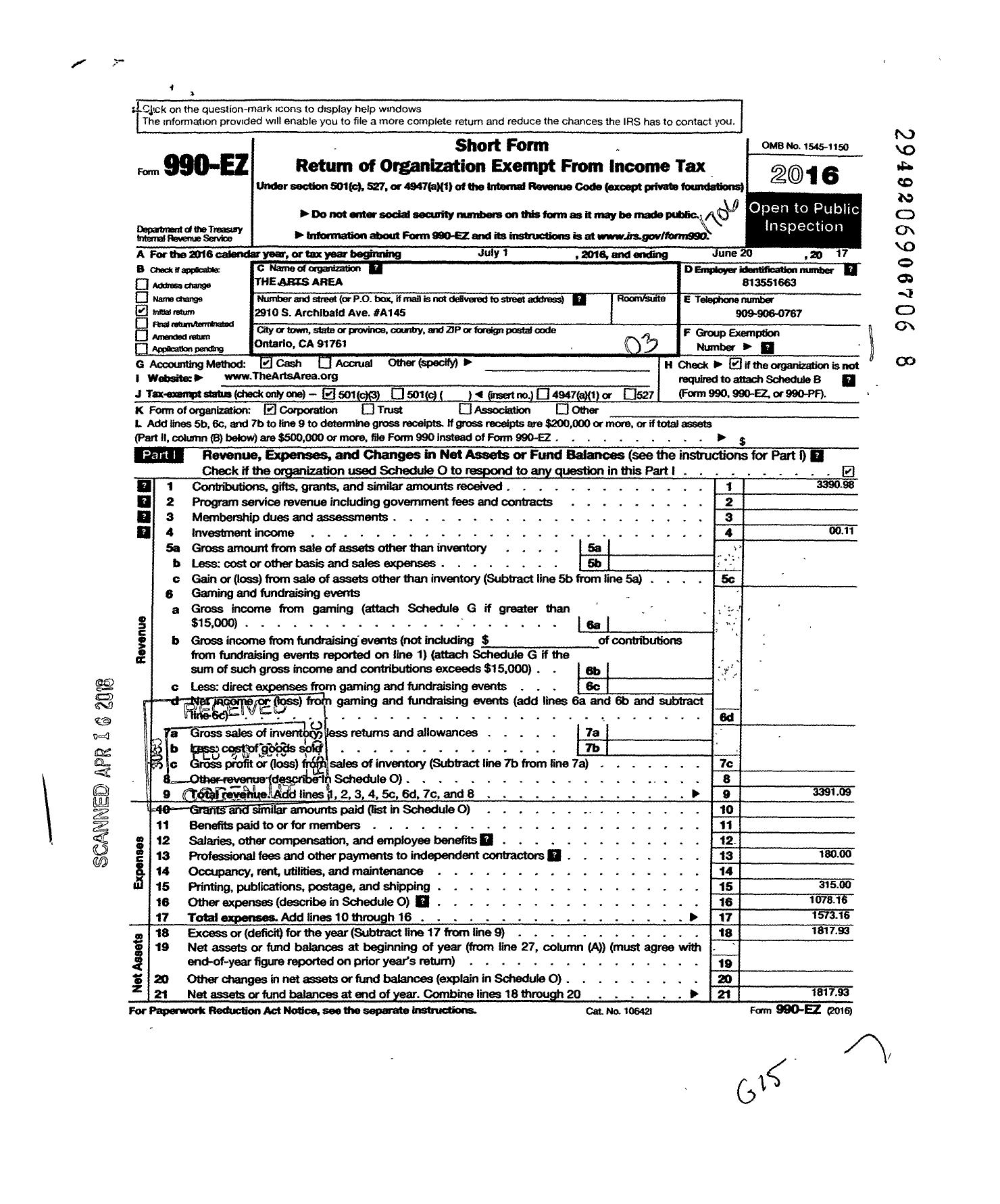 Image of first page of 2016 Form 990EZ for The Arts Area