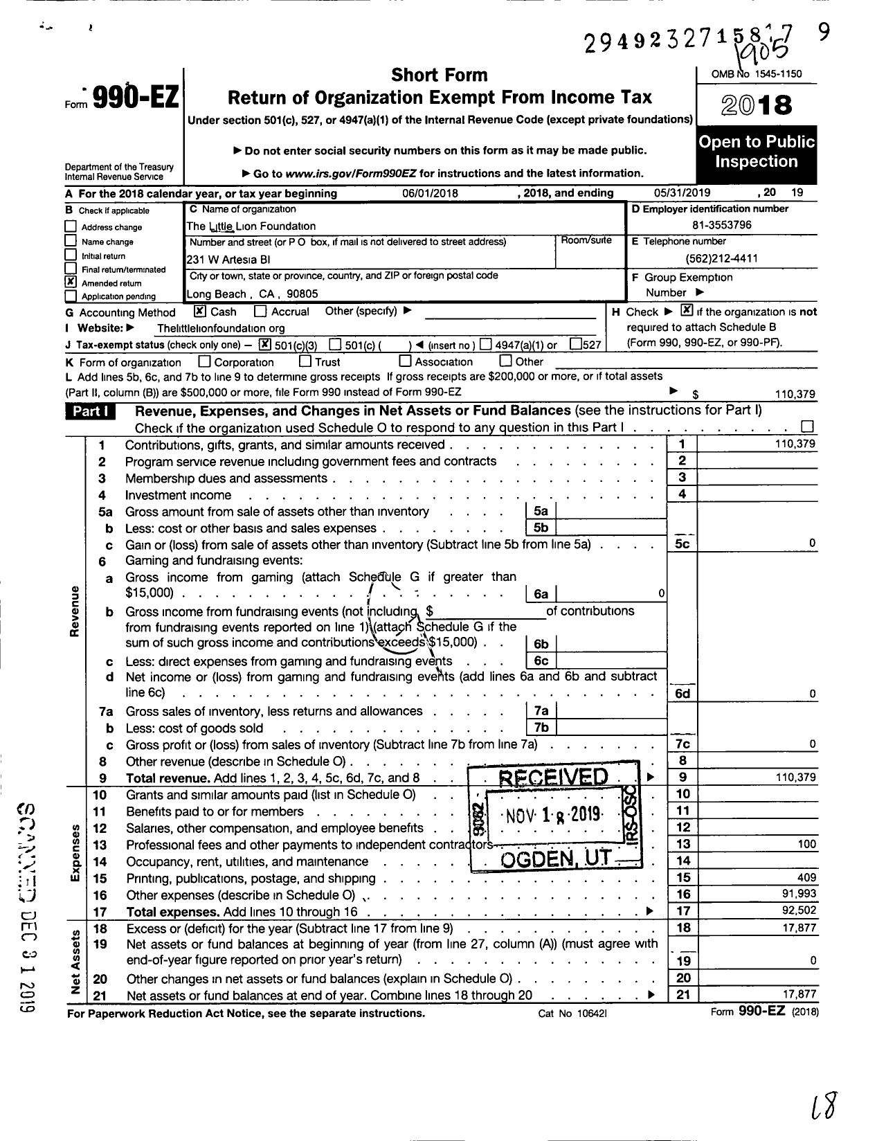 Image of first page of 2018 Form 990EZ for The Little Lion Foundation