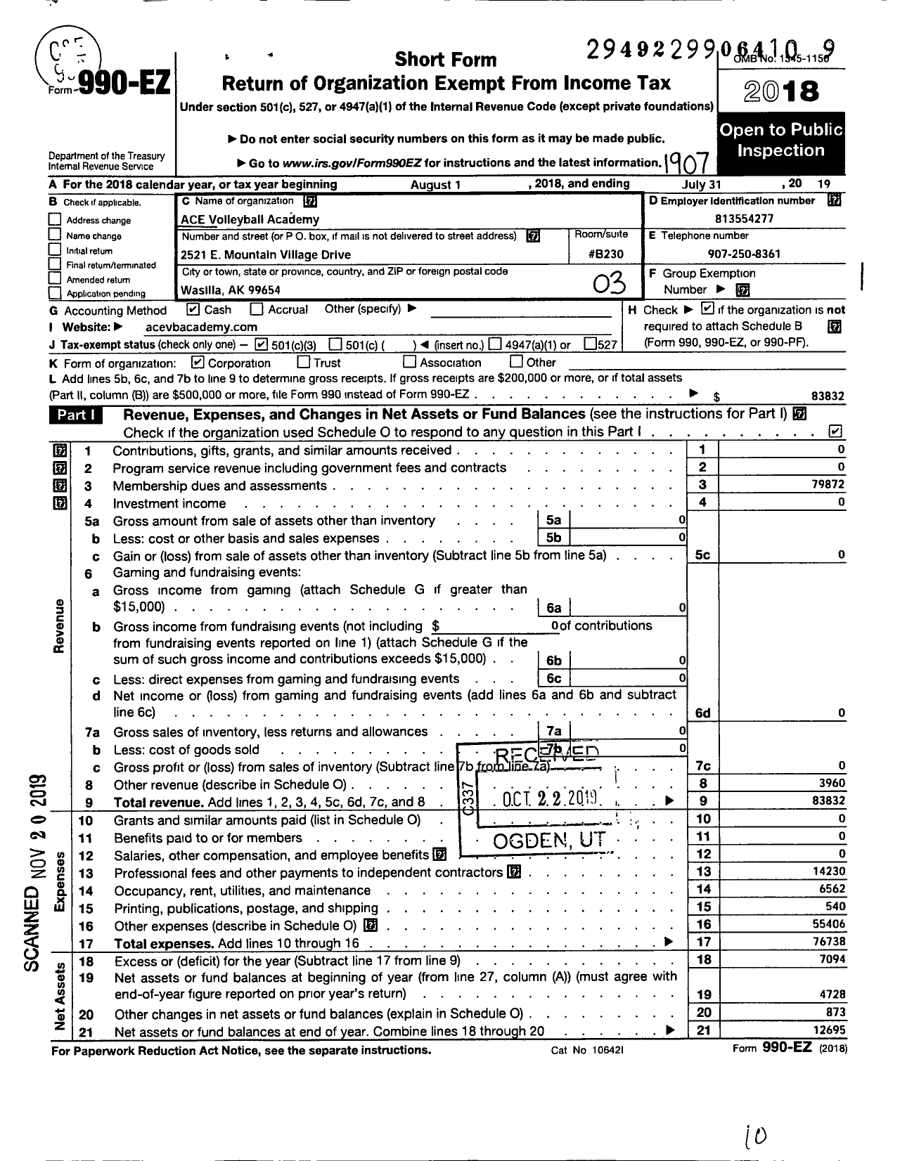 Image of first page of 2018 Form 990EZ for Ace Volleyball Academy