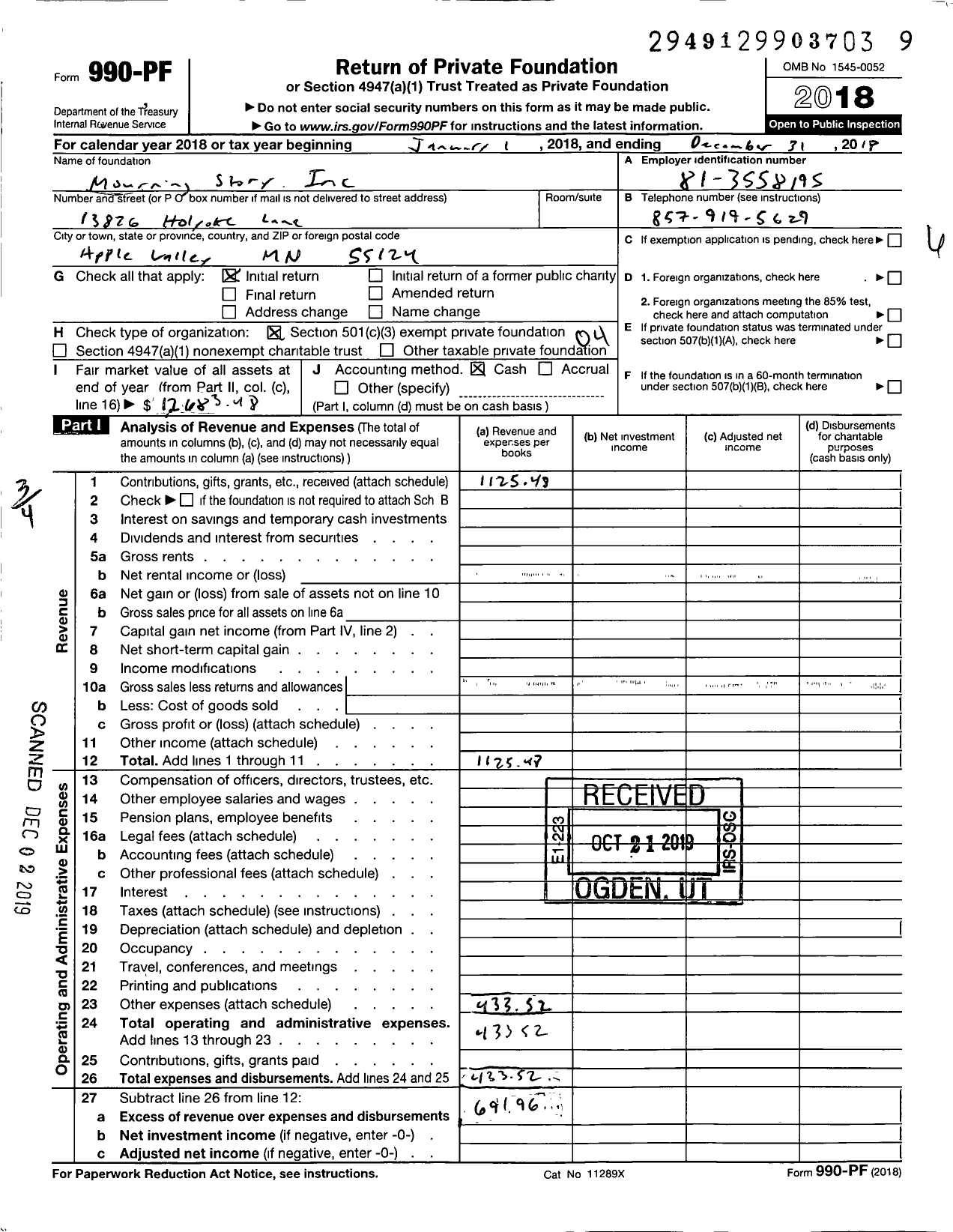 Image of first page of 2018 Form 990PF for Mourning Story