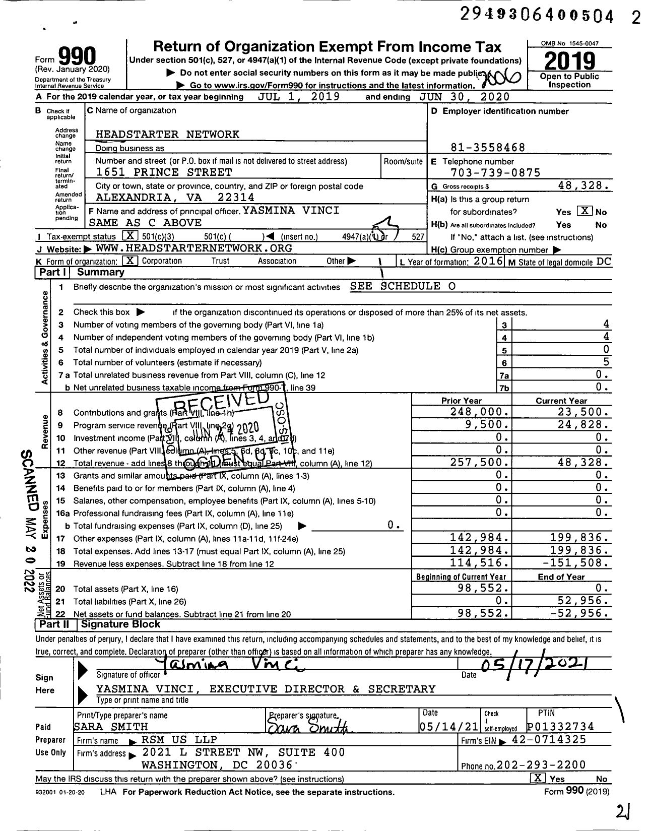 Image of first page of 2019 Form 990 for Headstarter Network