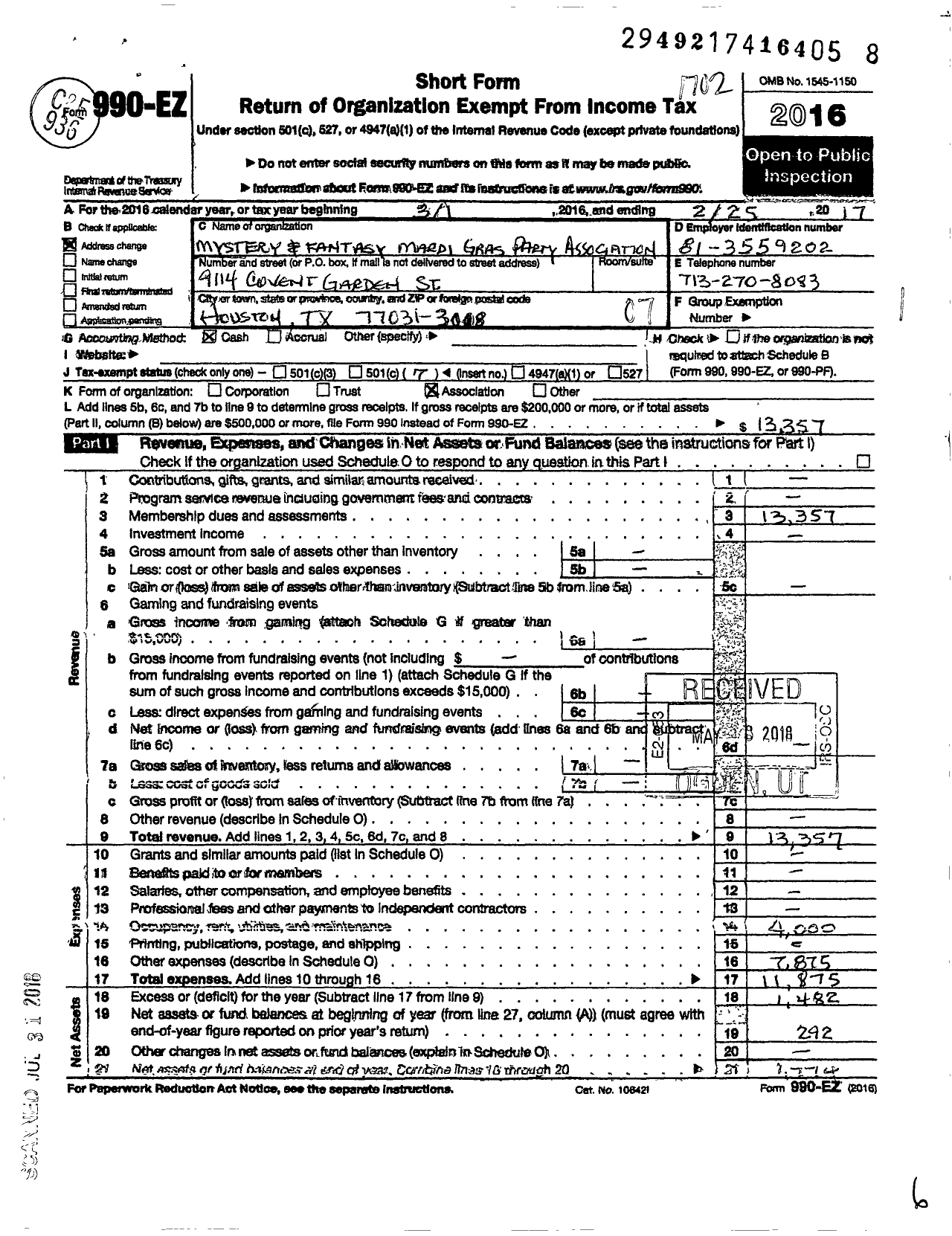 Image of first page of 2016 Form 990EO for Mystery and Fantasy Mardi Gras Party Association