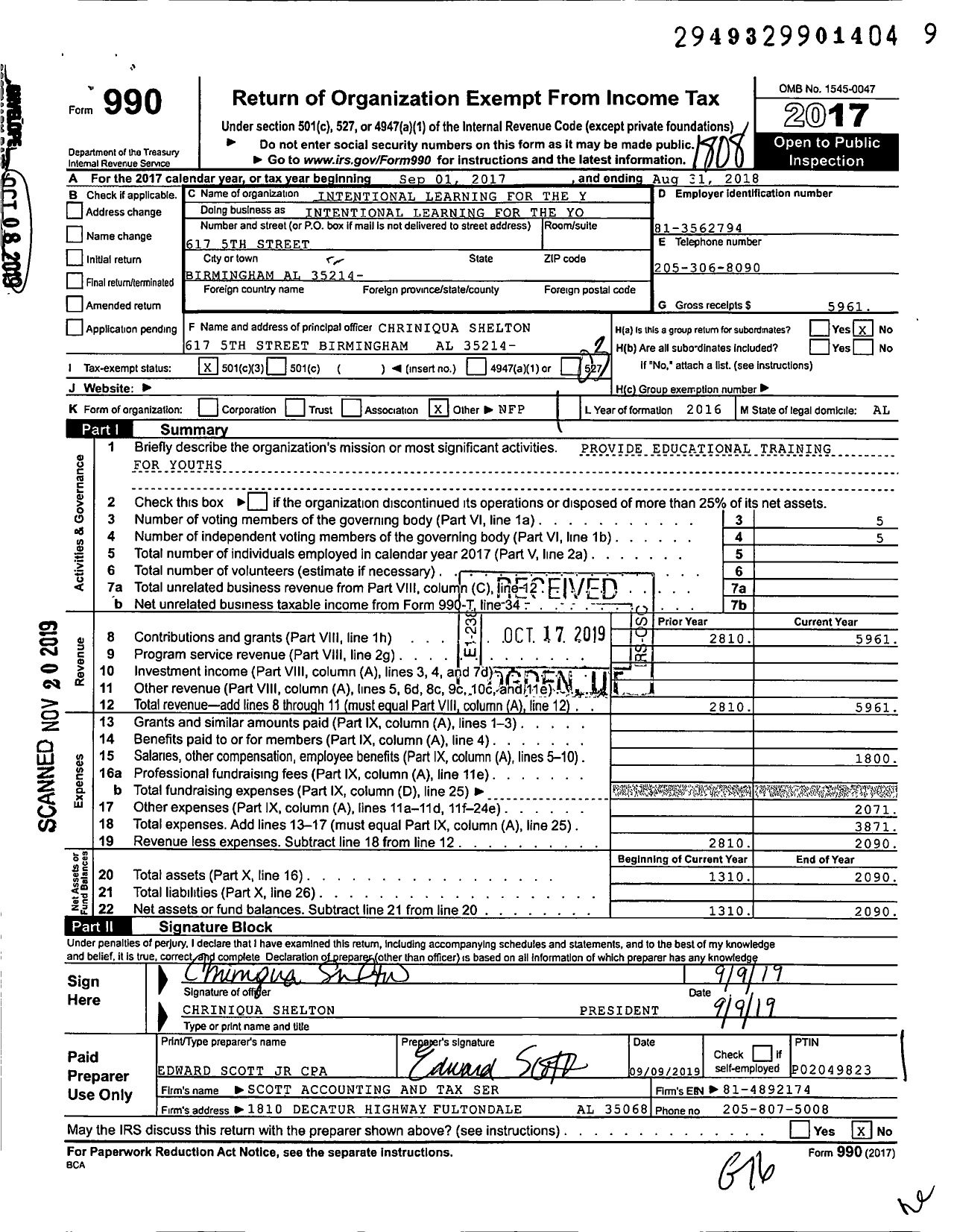 Image of first page of 2017 Form 990 for Intentional Learning for the Youth