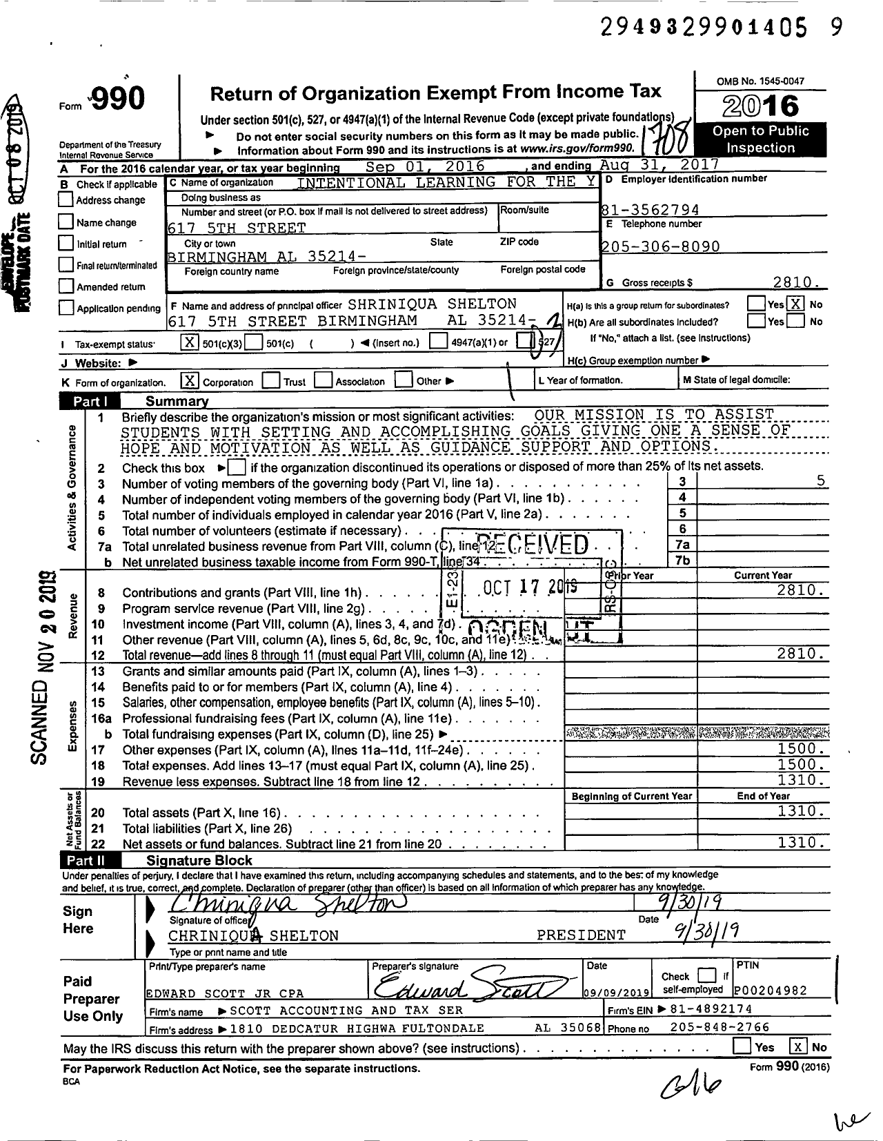 Image of first page of 2016 Form 990 for Intentional Learning for the Youth