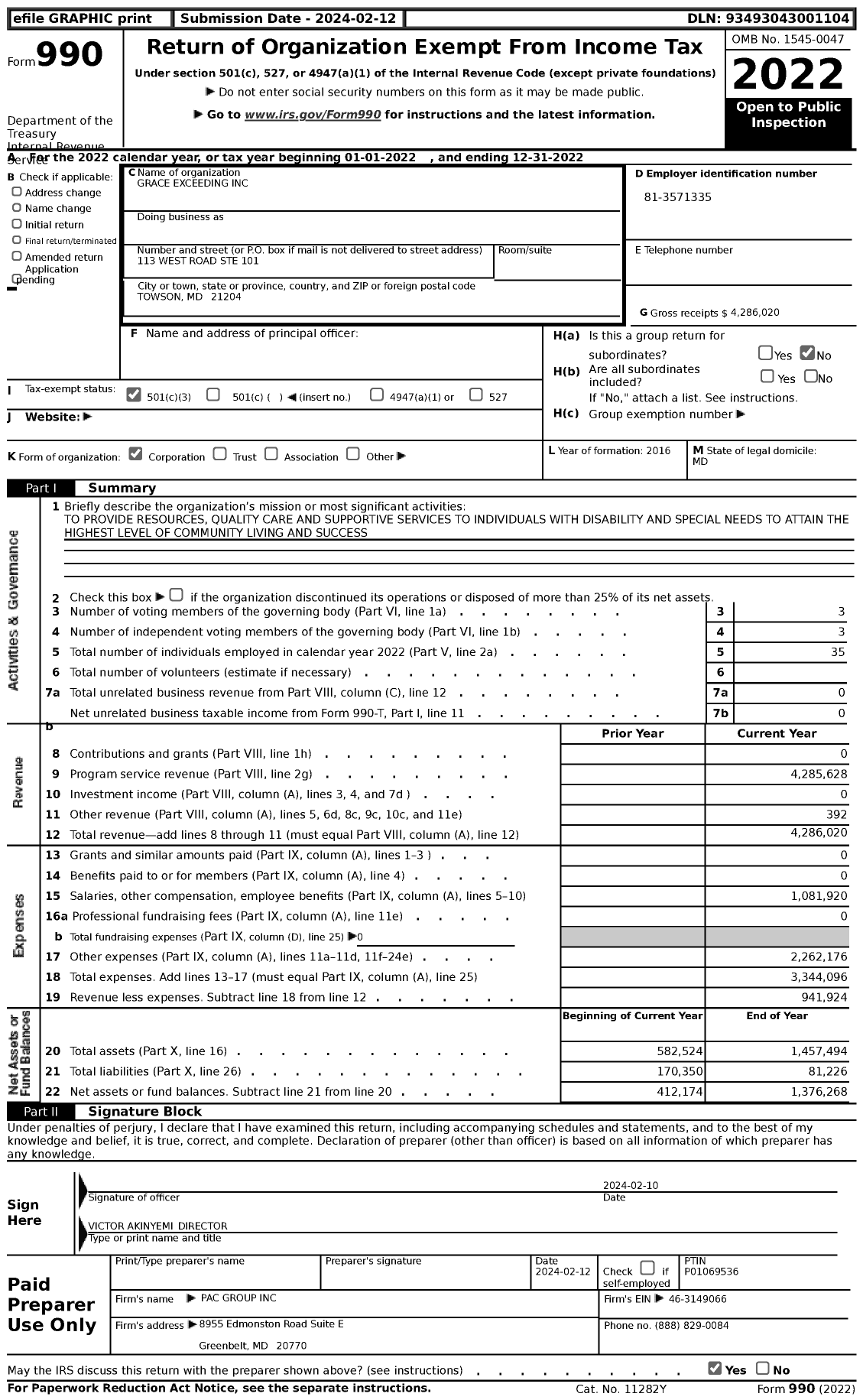 Image of first page of 2022 Form 990 for Grace Exceeding