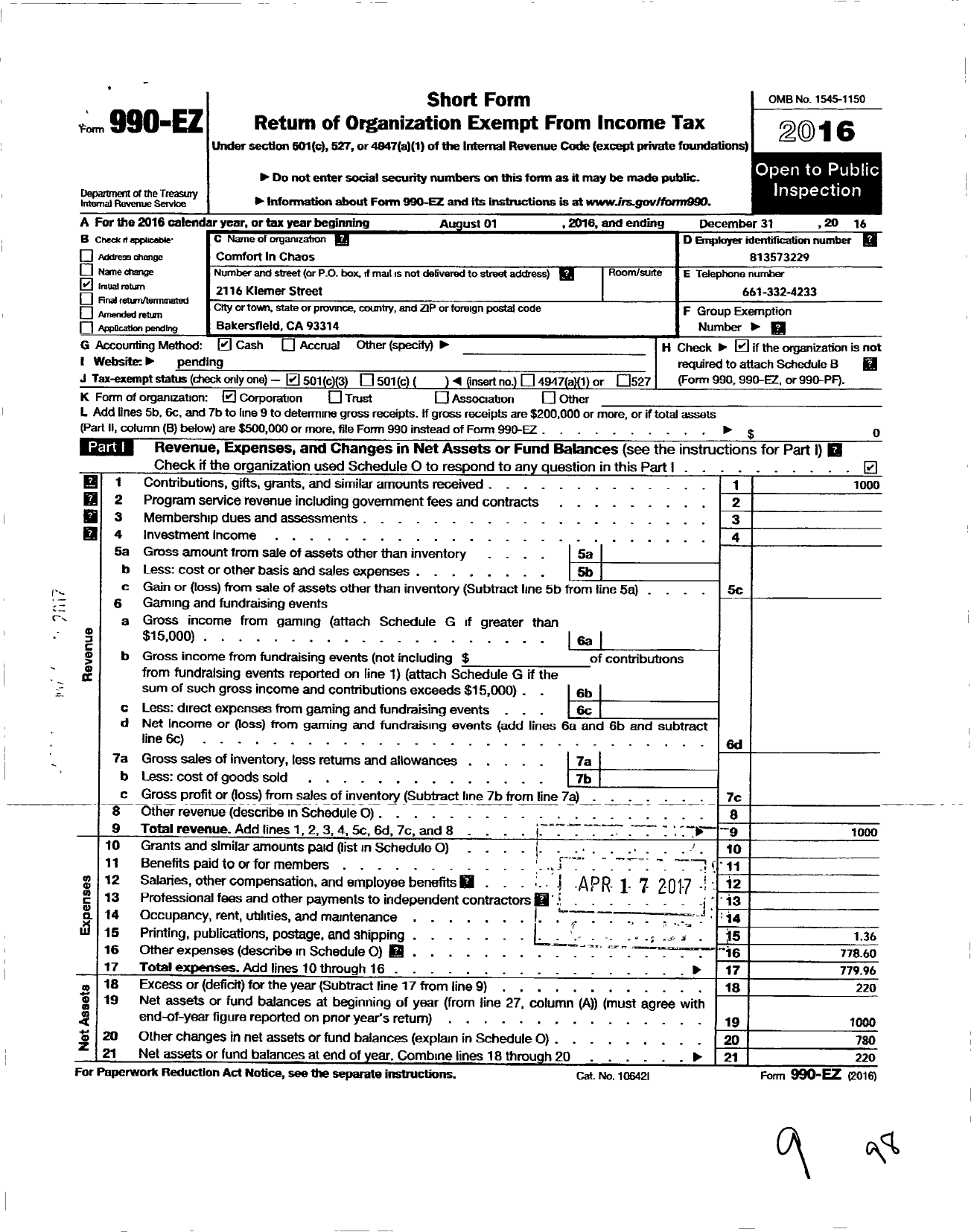 Image of first page of 2016 Form 990EZ for Comfort in Chaos