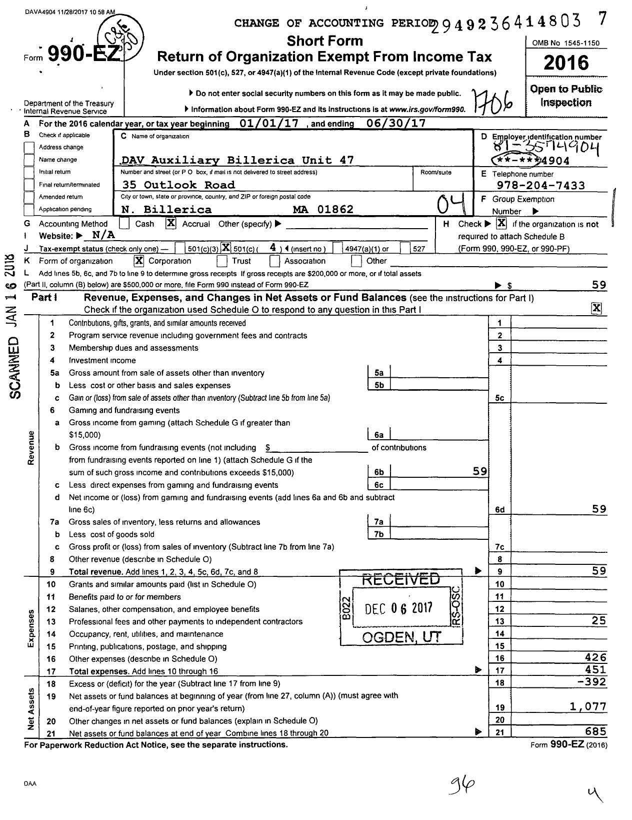 Image of first page of 2016 Form 990EO for Disabled American Veterans Auxiliary - 47 Billerica