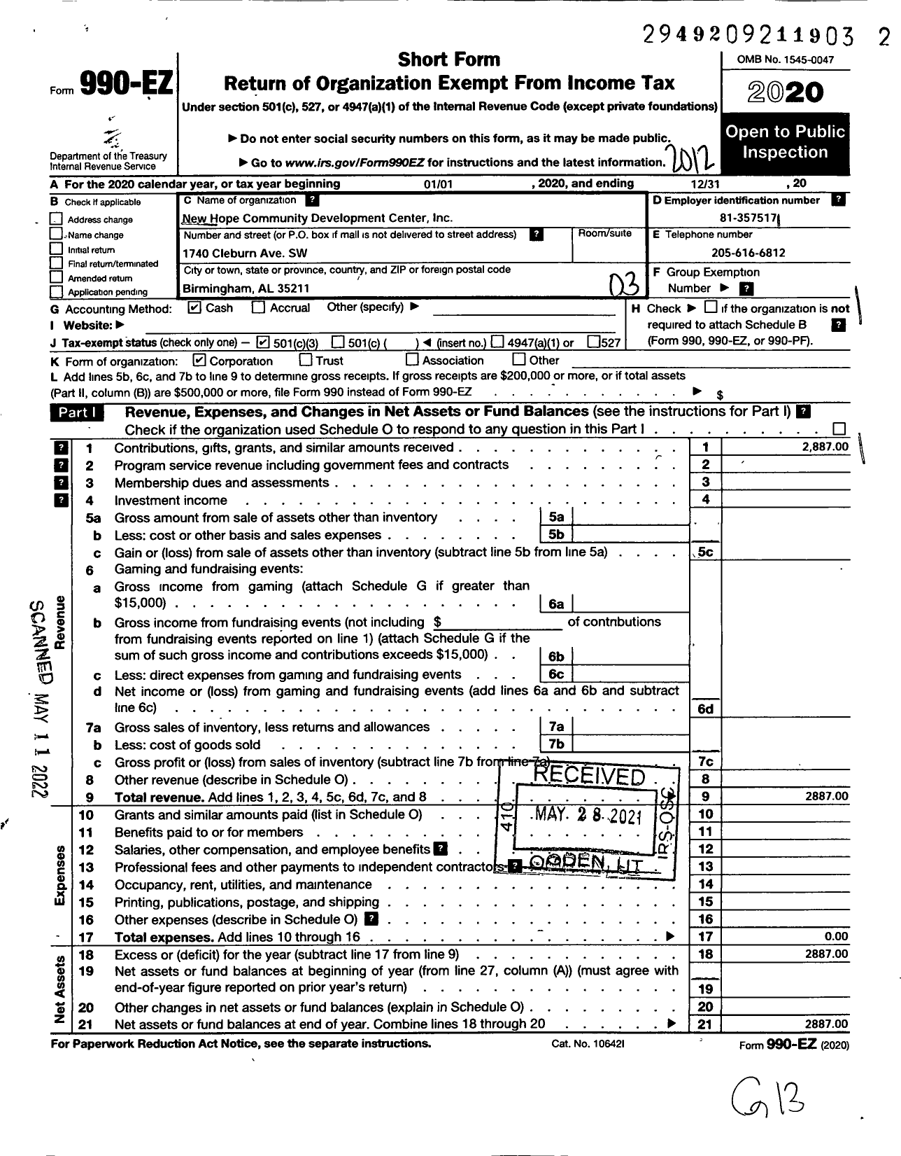 Image of first page of 2020 Form 990EZ for New Hope Community Development Center