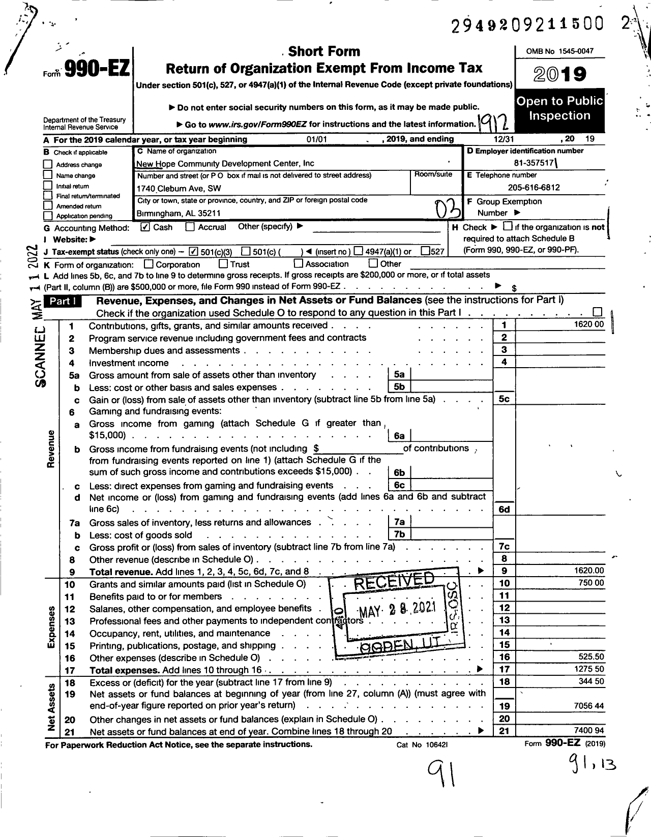 Image of first page of 2019 Form 990EZ for New Hope Community Development Center